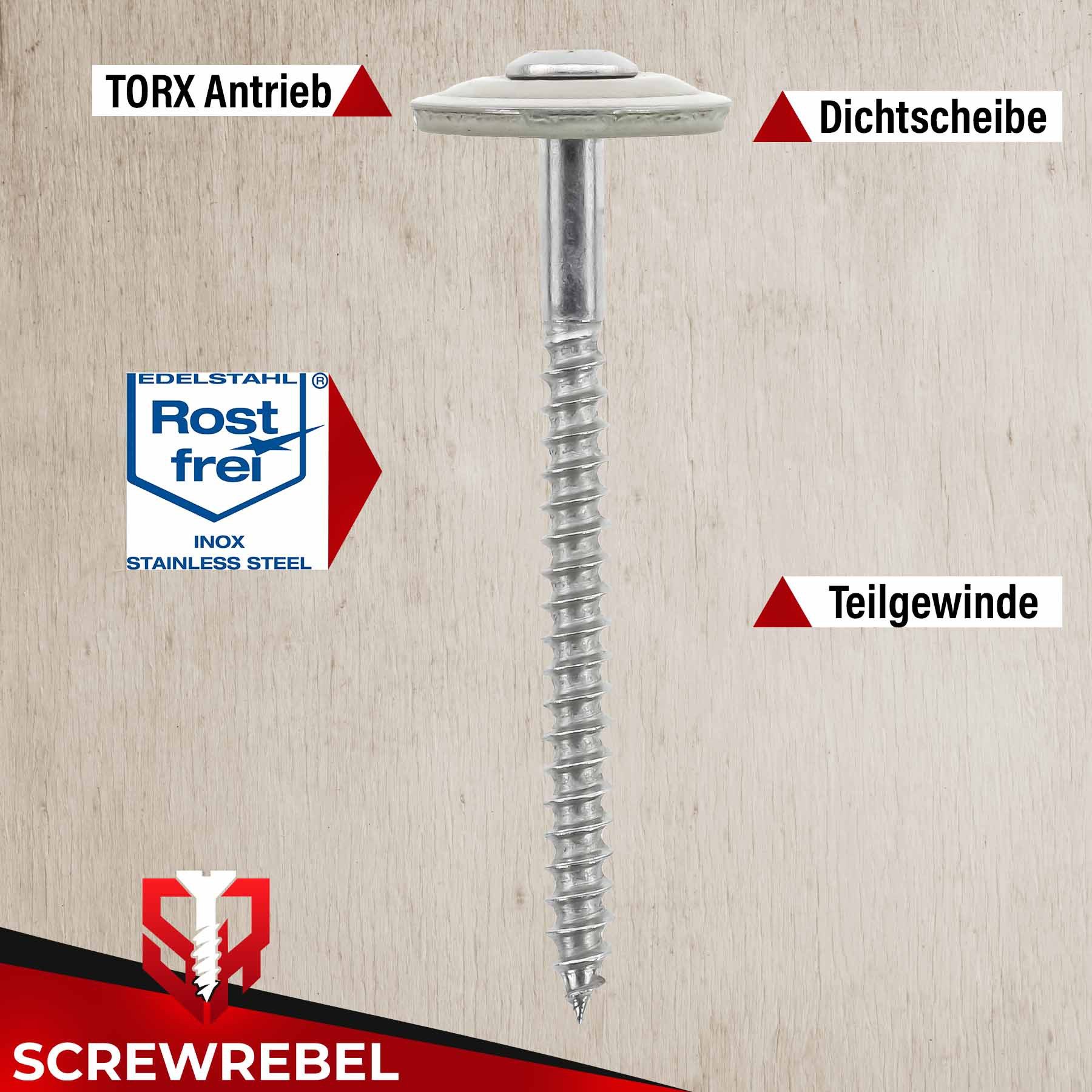 SCREWREBEL Spenglerschraube Edelstahl A2 mit EPDM-Dichtscheibe Ø20mm - TX20, (100 St), Teilgewinde