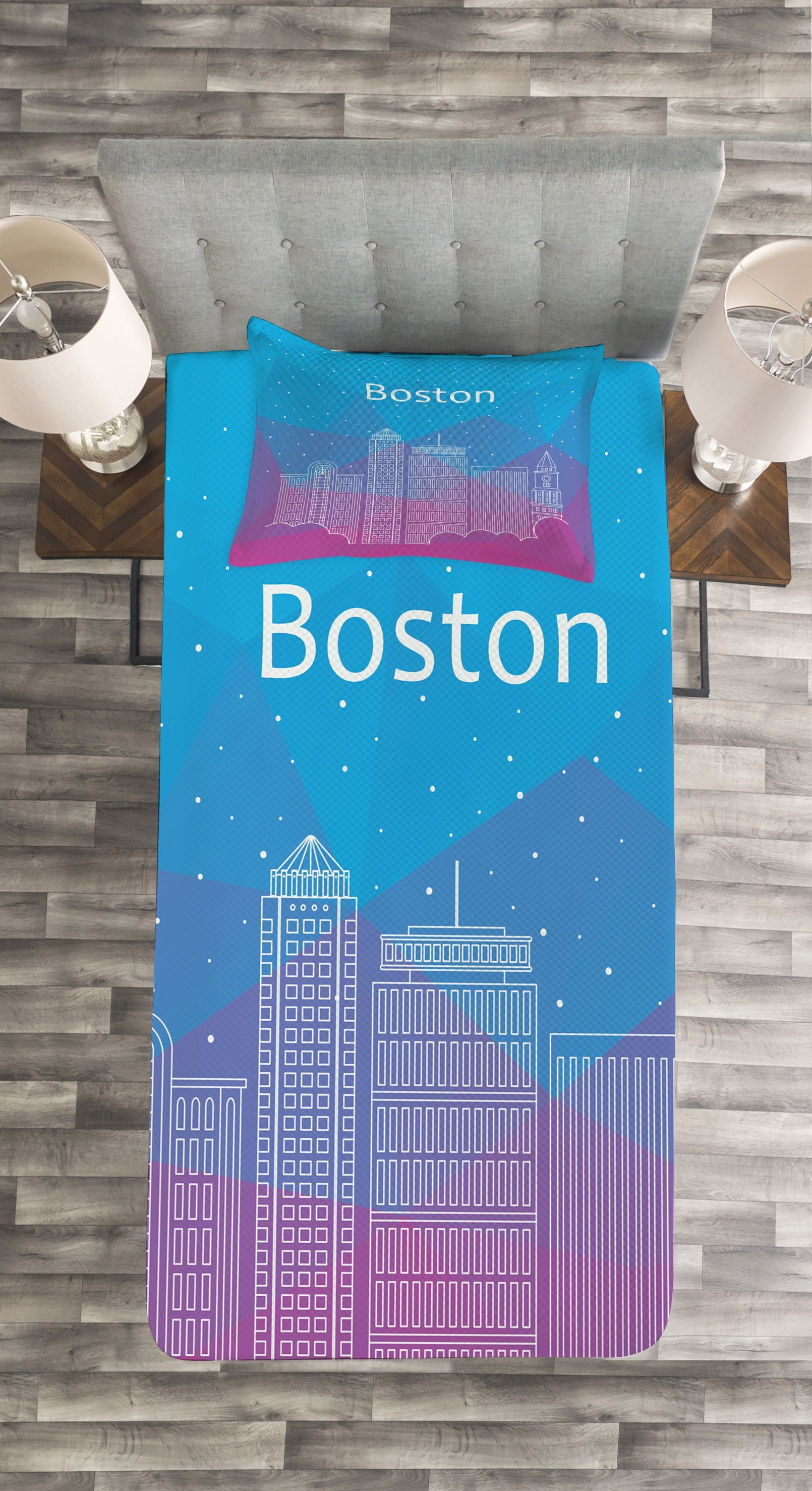 mit Kissenbezügen und Waschbar, Tagesdecke Set Wolken Gebäude Abakuhaus, Boston