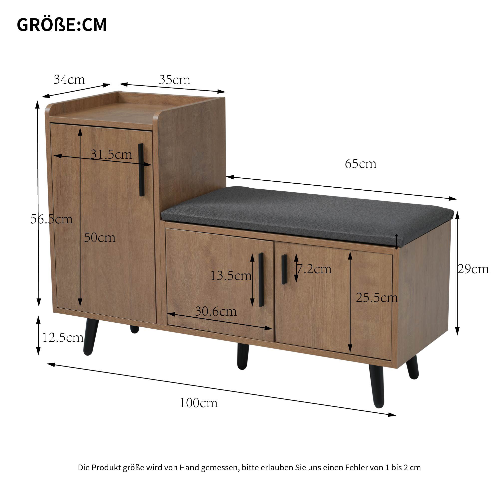 Flieks Schuhschrank (B100/T34/H69 cm, 1-St., gepolsterter Sitzfläche und Metallgriff, ca 10 Paar Schuhe) Schuhwechselhocker mit Seitenschrank Schuhbank mit 3 Tü – Bild 4 von 5