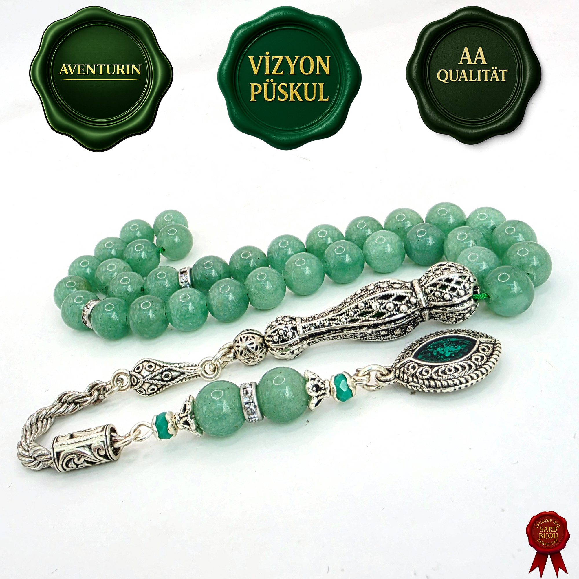 M-Punkt24 Kettenanhänger Tesbih Tespih Naturstein Küre Rund (AVENTURIN, 8 mm, Rosary, Subha Misbah, Gebetskette), Design Püskül, inkl. ETUI, *SONDERPREIS WEGEN PRODUKT NEUHEIT*