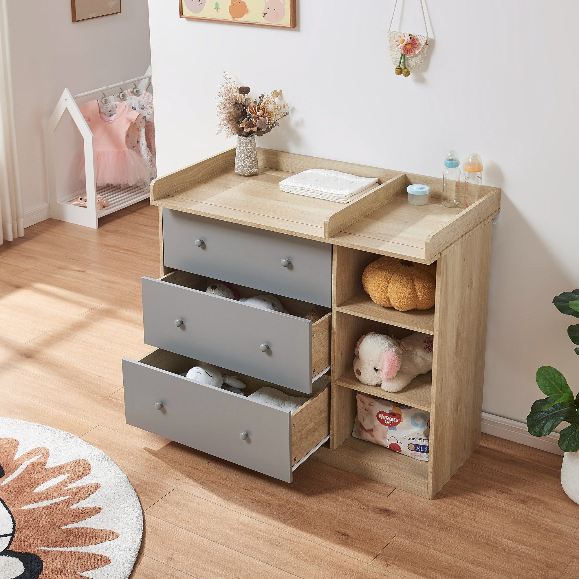 en.casa Wickelkommode, »Beldinupp« mit abnehmbarer Wickelauflage 93x110x55 cm Eiche/Grau
