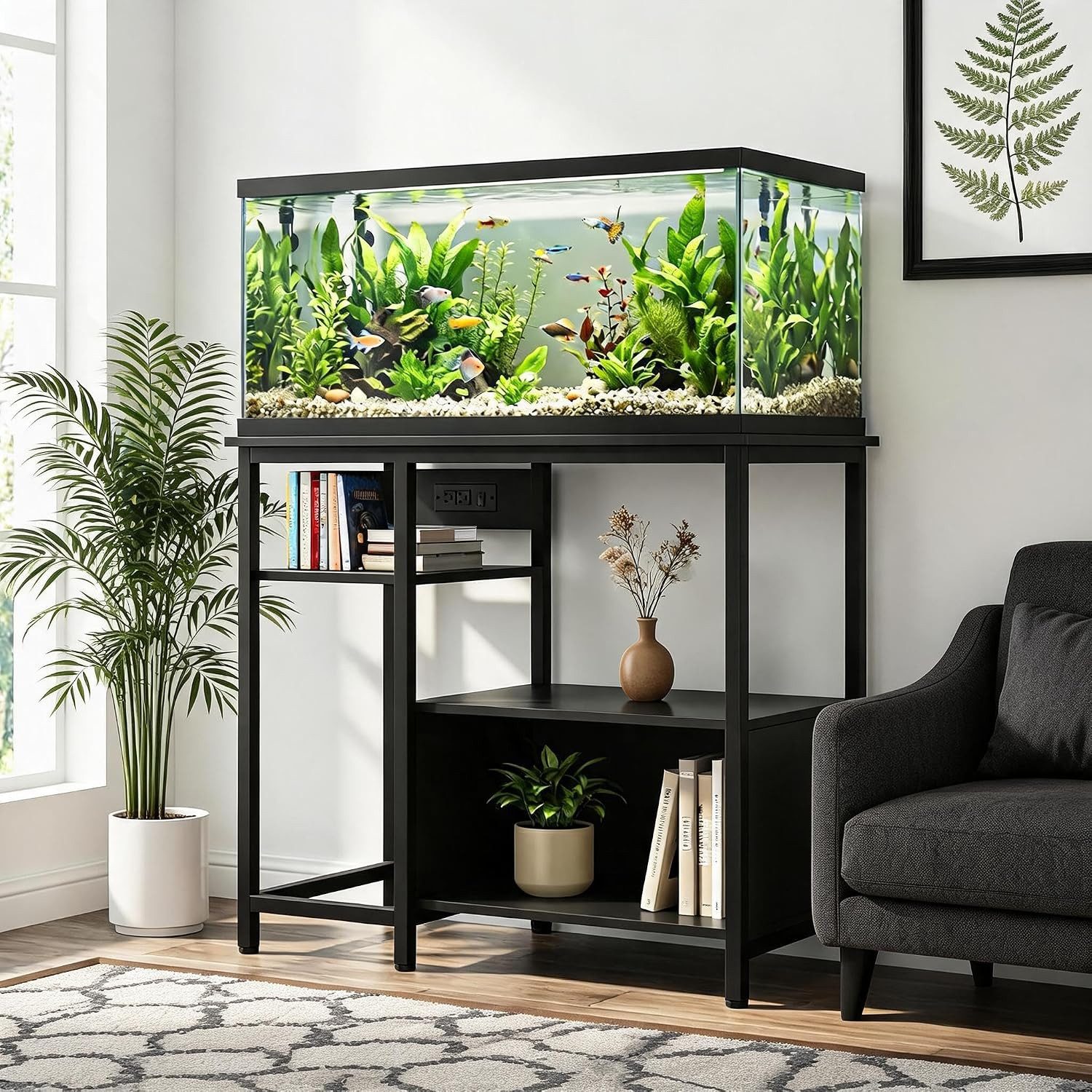 GarveeMore Aquariumunterschrank Steckdosen, Metall-Holz, 300 kg Tragkraft, 93 cm × 48 cm × 78 cm von GarveeMore