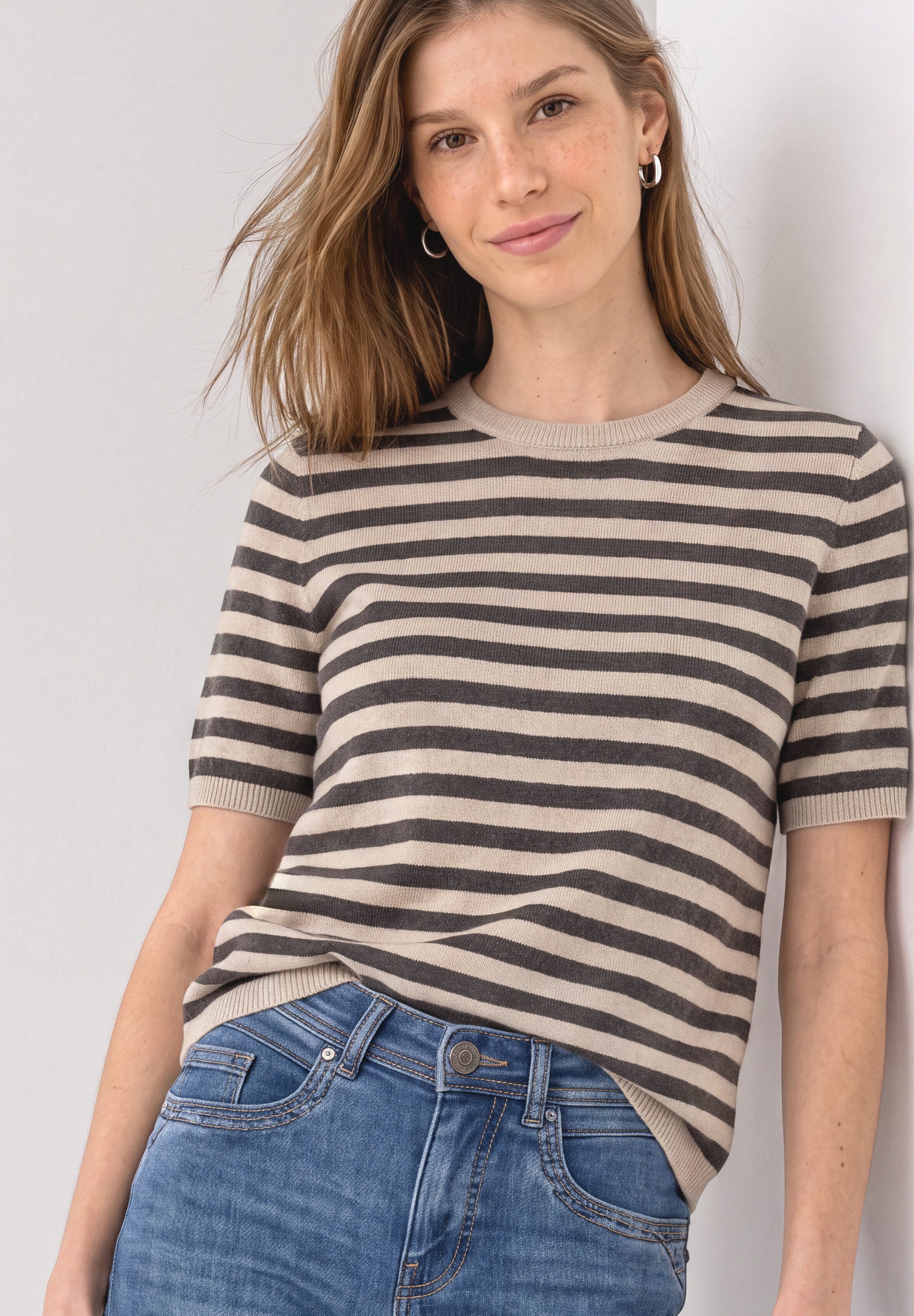 STREET ONE Strickpullover Sommerpullover mit Rundhals und Streifen