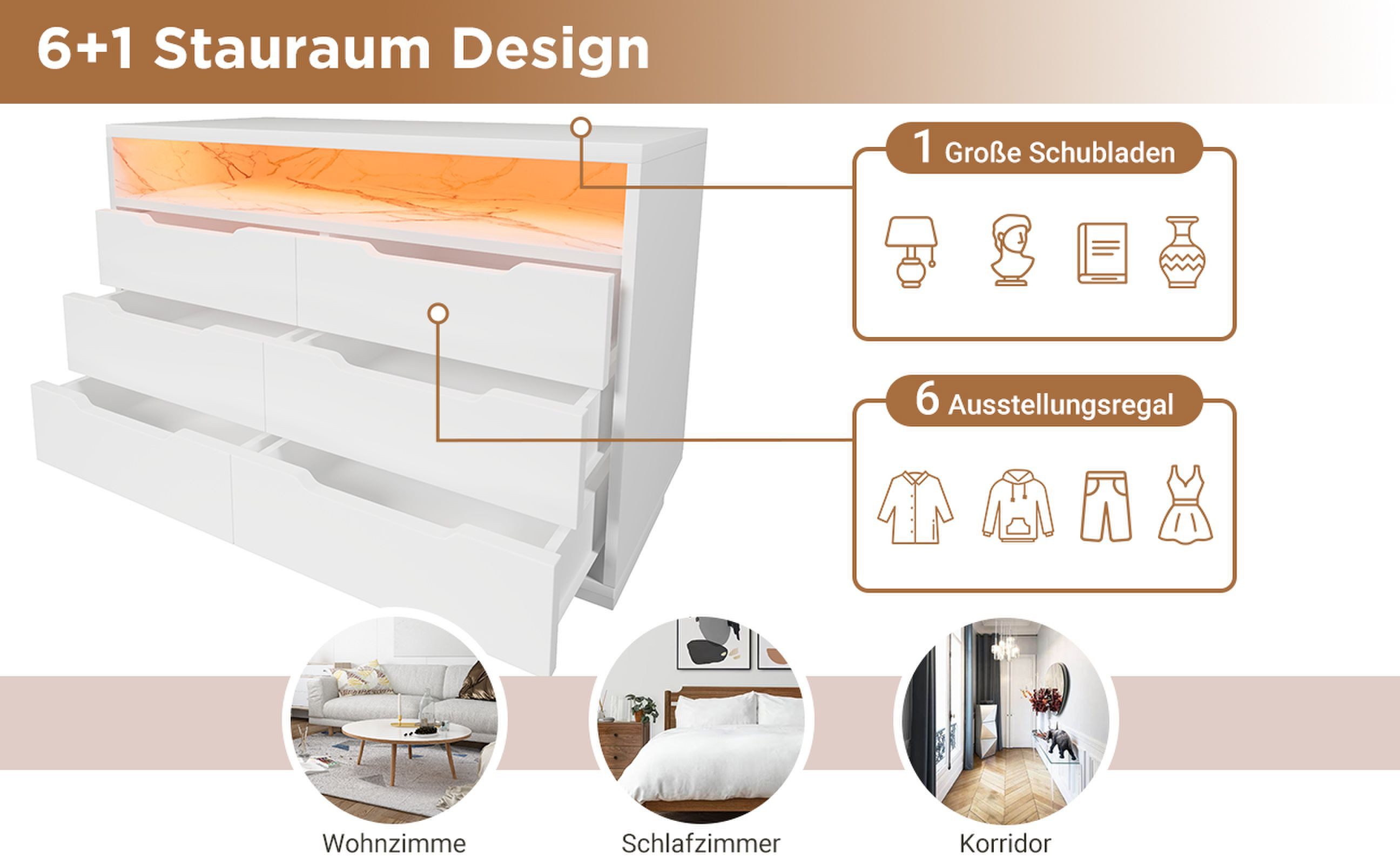 BlingBin Kommode Sideboard für Wohnzimmer und Schlafzimmer (1 St., Staufach mit Marmorkorn, 120x40x85cm, Weiß), mit LED-Beleuchtung und 6 Schubladen – Bild 4 von 5