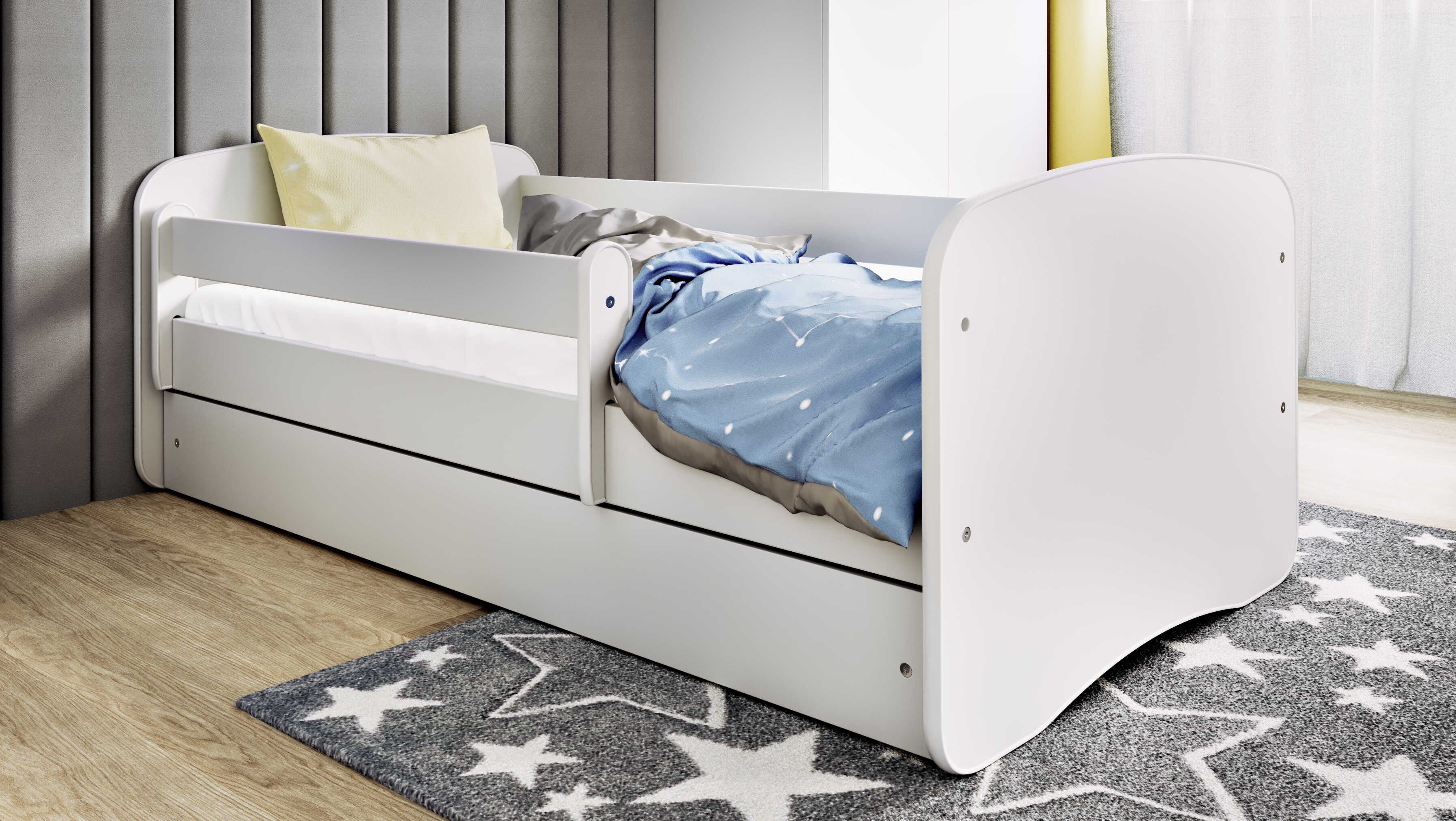 Bjird Kinderbett Rausfallschutz Schublade 160x80 verstellbaren und inklusive Weiß 140x70 180x80