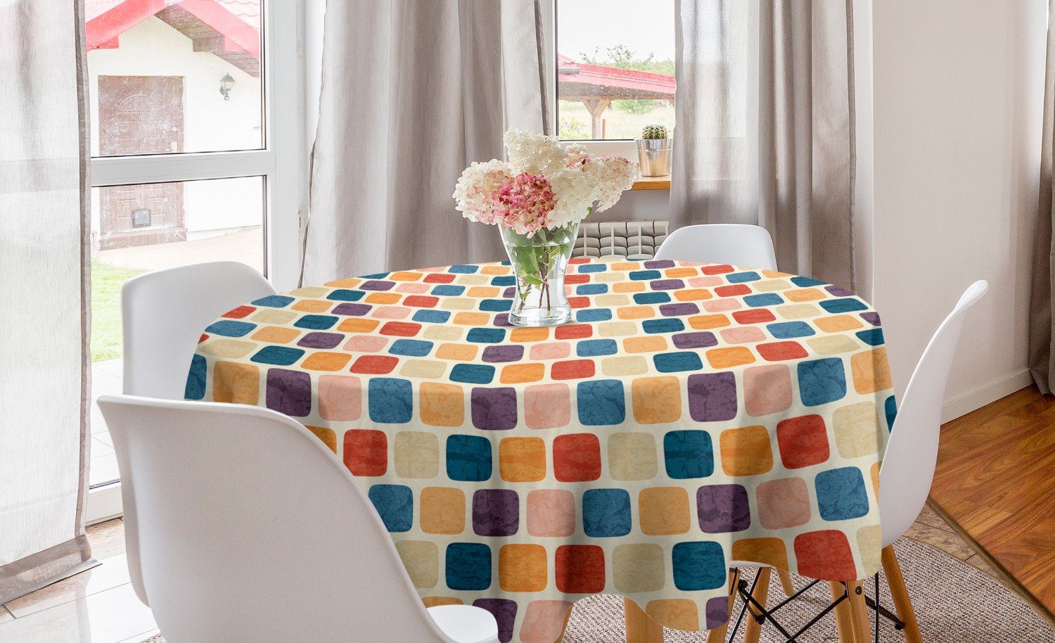 Küche Squares weiss Bunte Abdeckung Abakuhaus für Kreis Runde Dekoration, Tischdecke Nicht-gerade Esszimmer Tischdecke