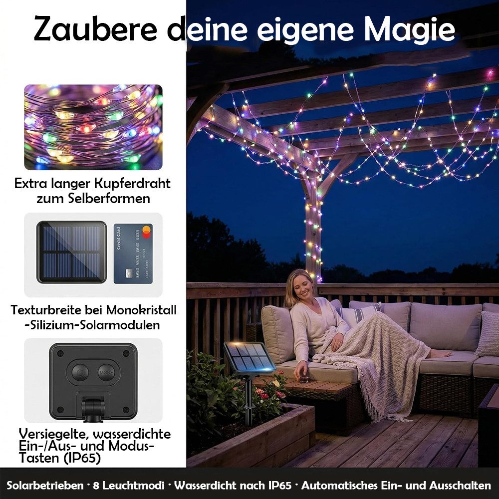 AFKSMILE LED Solarleuchte 2 Solar Lichterkette, Lichterkette Außen Wetterfest Kupferdraht 8 Modi, 2×12M Total 200LED,2×22M Total 400LED, Warmweiß/Bunt Solarlichterkette