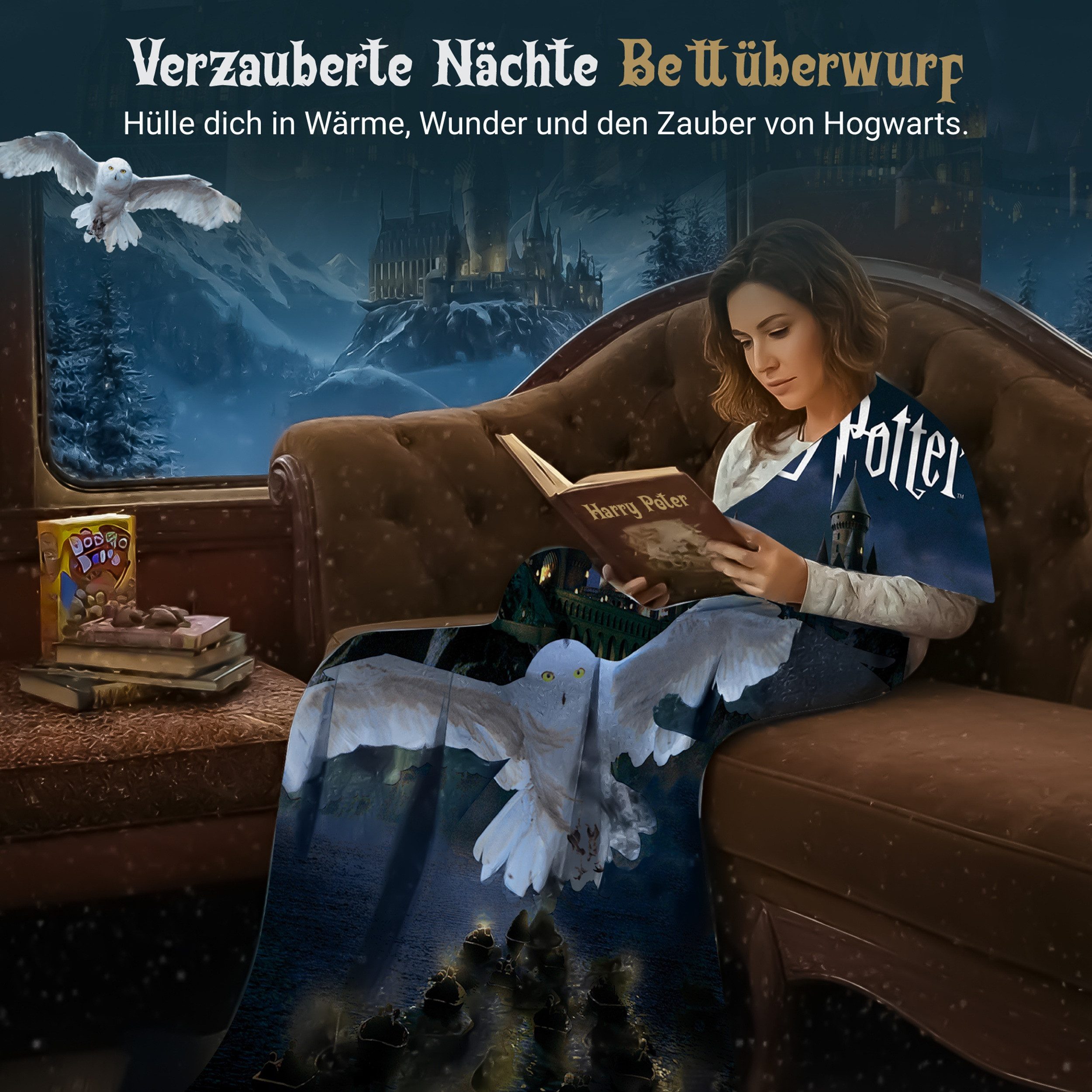 Kinderdecke Super flauschige Harry Potter Kuscheldecke Motiv "Hedwig" 150x200 cm, Familando, mit Schriftzug und Zauberschule Hogwarts – Bild 4 von 5
