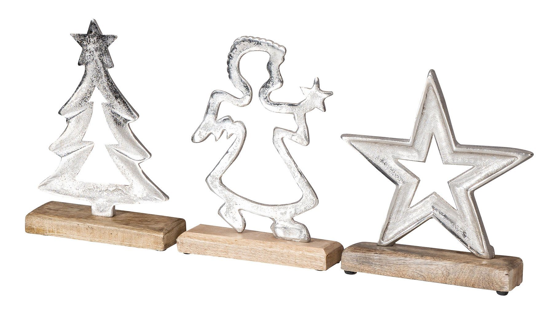 Levandeo® Deko-Schriftzug, 3er Set Weihnachten Engel H25cm Dekofiguren Stern Metall Baum Mango
