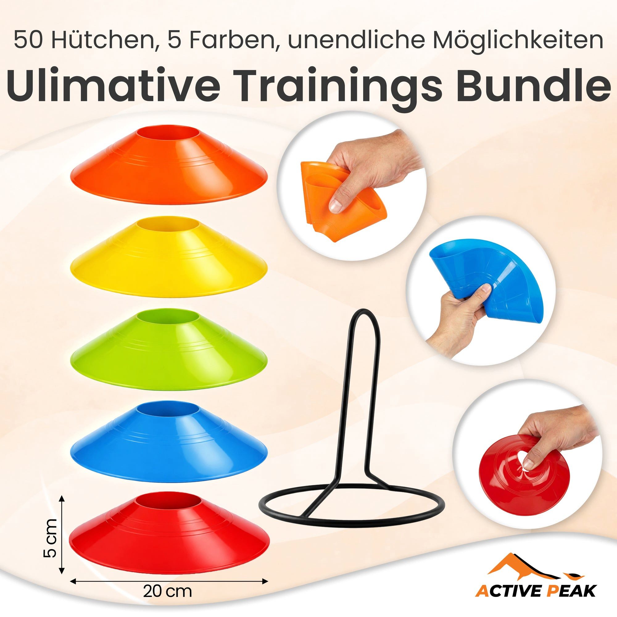 Active Peak Markierungshütchen 50er Set Fußball Hütchen Set mit Metallständer