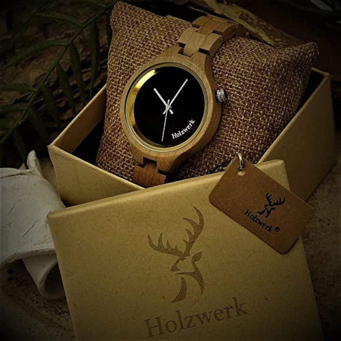 Holzwerk Quarzuhr EGGESIN kleine Damen Uhr Holz schwarz in Armband beige, Ahorn & gold