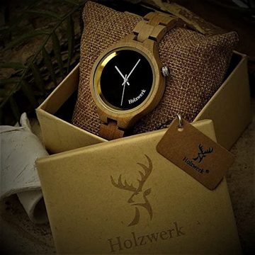 Holzwerk Quarzuhr EGGESIN kleine Damen Holz Armband Uhr in Ahorn beige, schwarz & gold