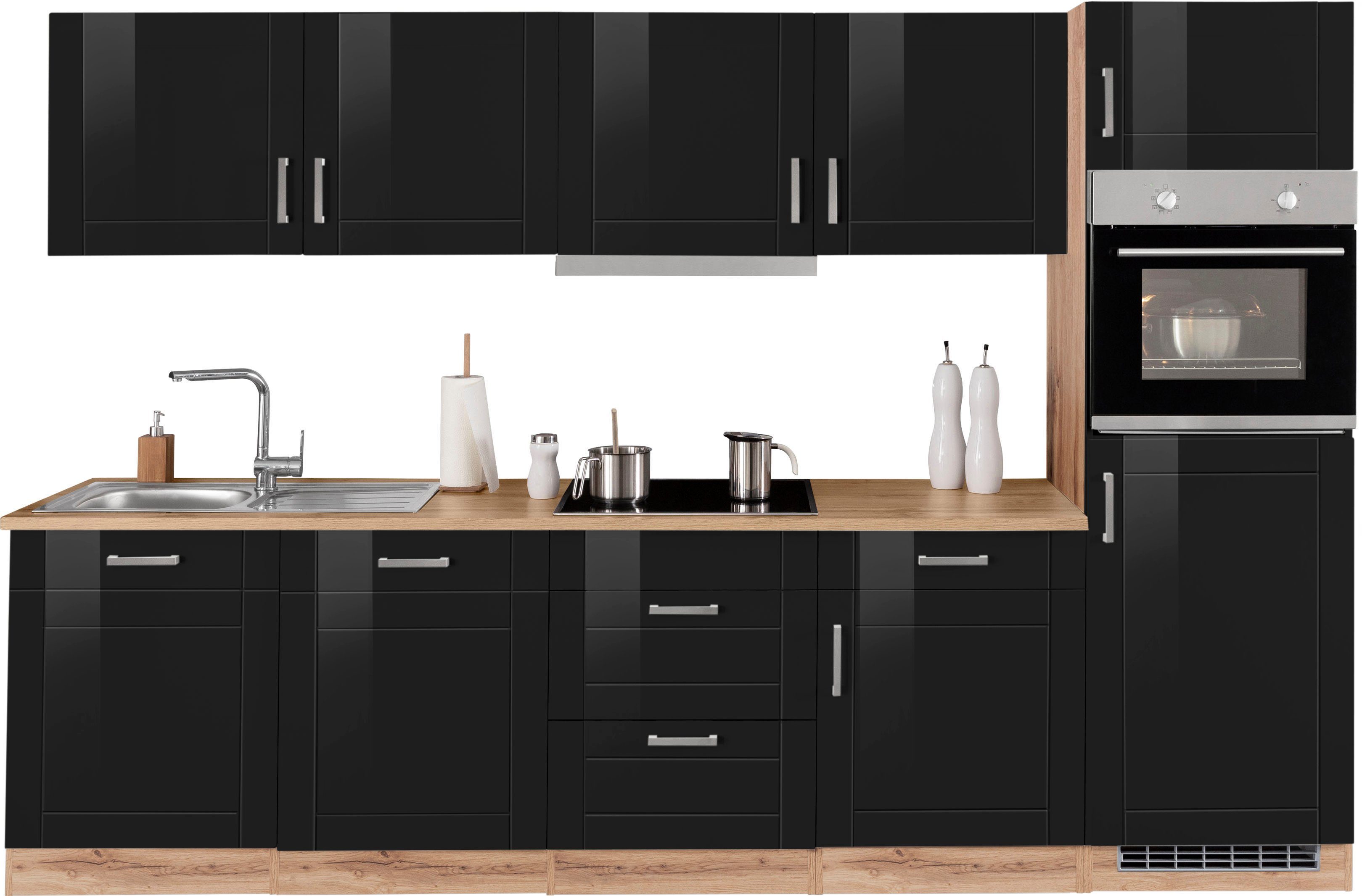 HELD MÖBEL Küchenzeile Tinnum, mit E-Geräten, Breite 300 cm schwarz