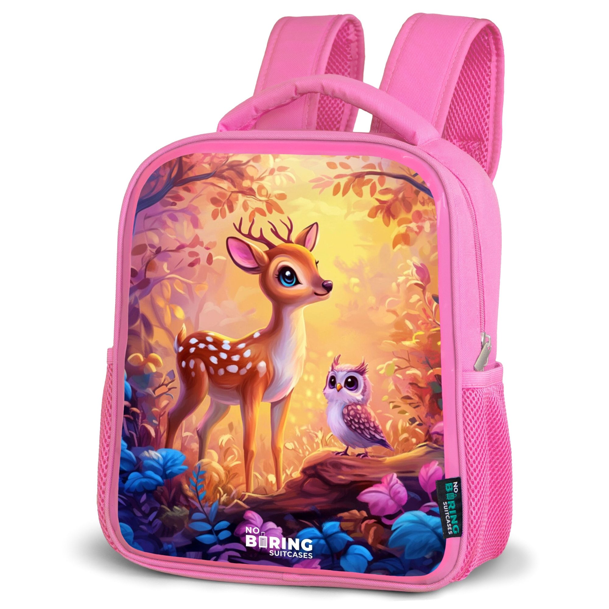 NoBoringSuitcases.com© Rucksack Kleines Reh und Eule in einem rosa Märchenwald, Kinderrucksack, Schulrucksack, Freizeitrucksack, Mädchen, Kindergarten