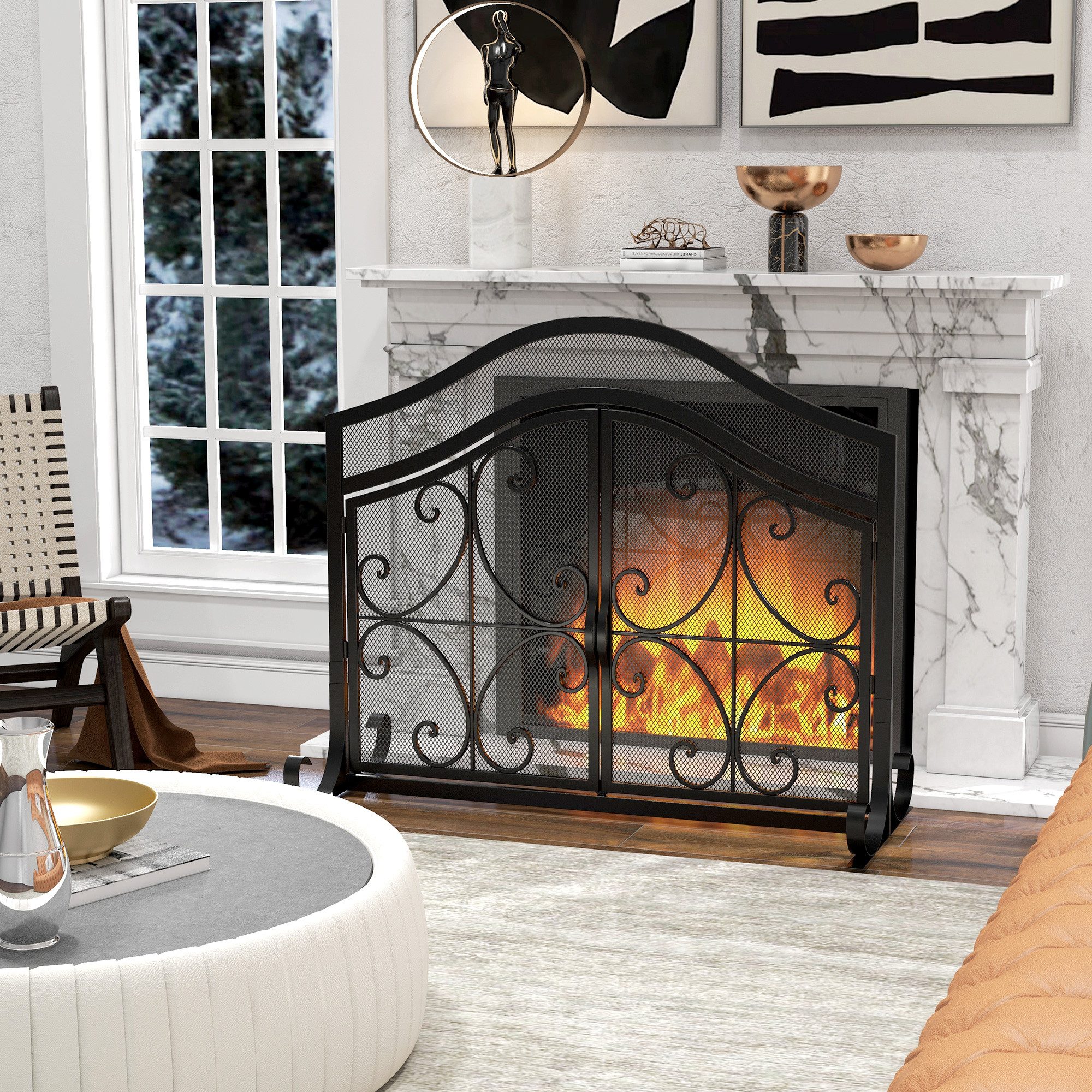 HOMCOM Kamingitter mit magnetischen Türen (Ofenschutzgitter, 1-tlg., Funkenschutzgitter), für Wohnzimmer, Stahl, 105 x 80,5 cm, Schwarz