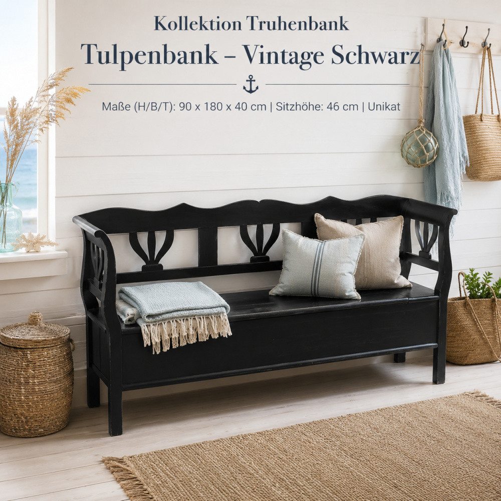 Wohnpalast Truhenbank Truhenbank Tulpe aus Weichholz lackiert 180 cm schwarz
