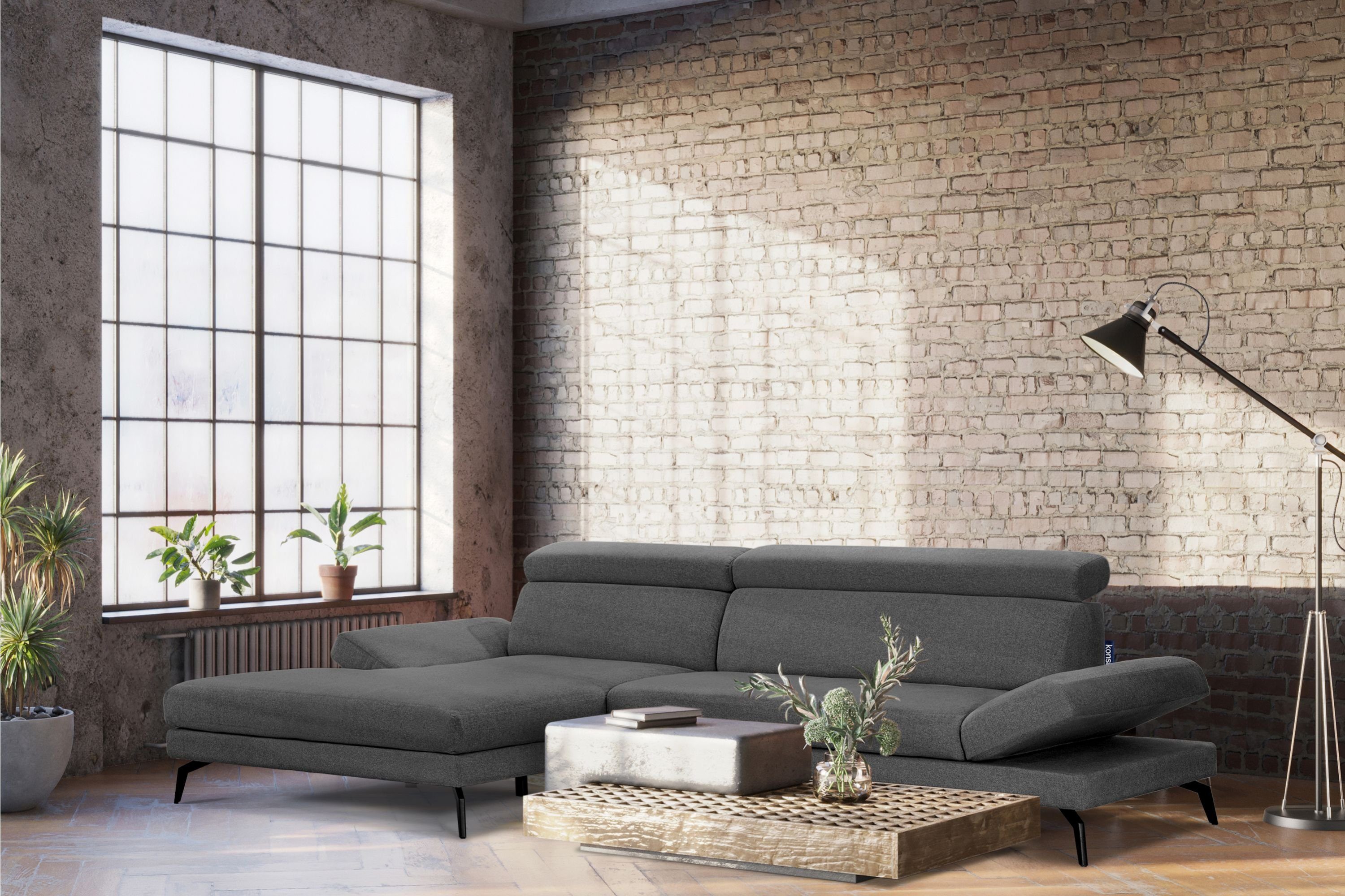 | Ecksofa, RENAR dunkelgrau Ecksofa Armlehnen, Kopfstützen, dunkelgrau bewegliche Loft-Stil hohe Konsimo bewegliche Beine,