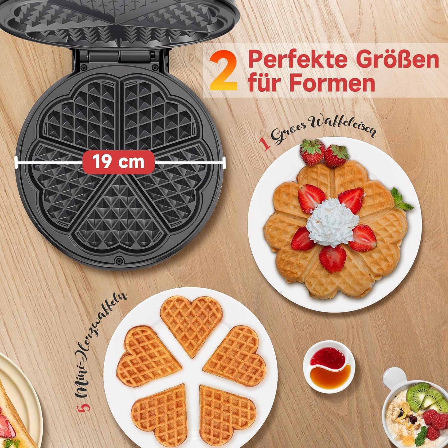 Aigostar Waffeleisen für 5 Herz-Waffeln, 1000W, Antihaft-Platten, Einstellbarer Temperatur, 1000 W, LED-Anzeige, Cool-Touch-Griff, kompaktes Edelstahl-Design, B – Bild 4 von 5