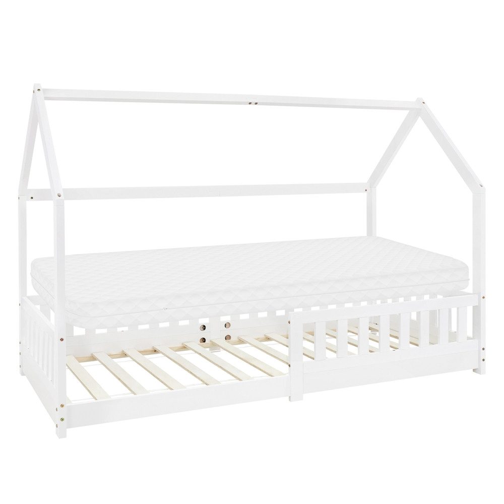 ML-DESIGN Spielbett Hausbett Kinderbett inkl. Lattenrost kreativ Bodenbett für Kinder, Abenteuerbett zum Spielen mit Rausfallschutz Kiefer Weiß Himmelbett
