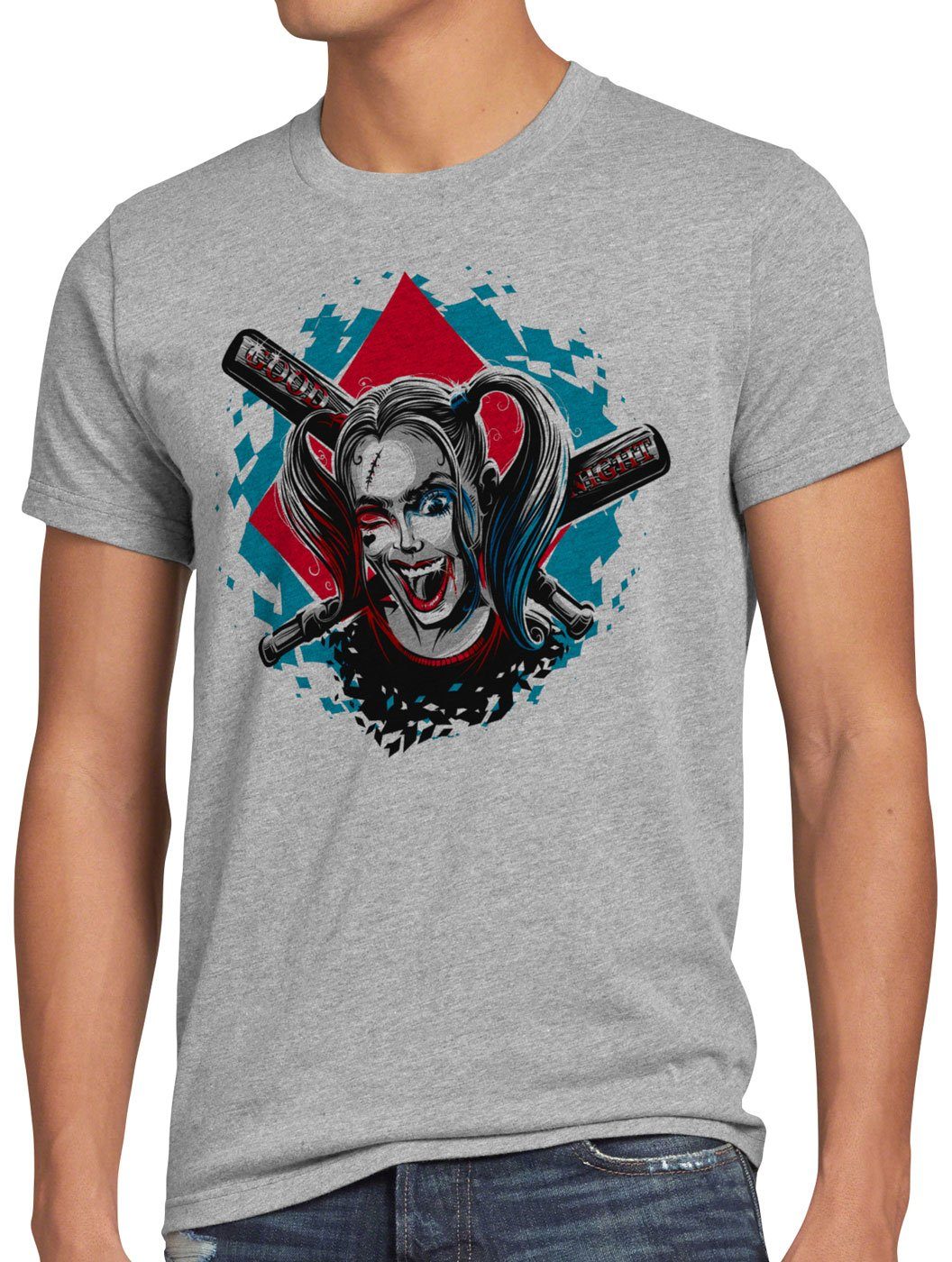 joker T-Shirt Print-Shirt Harley punk meliert Quinn baseball style3 grau Herren