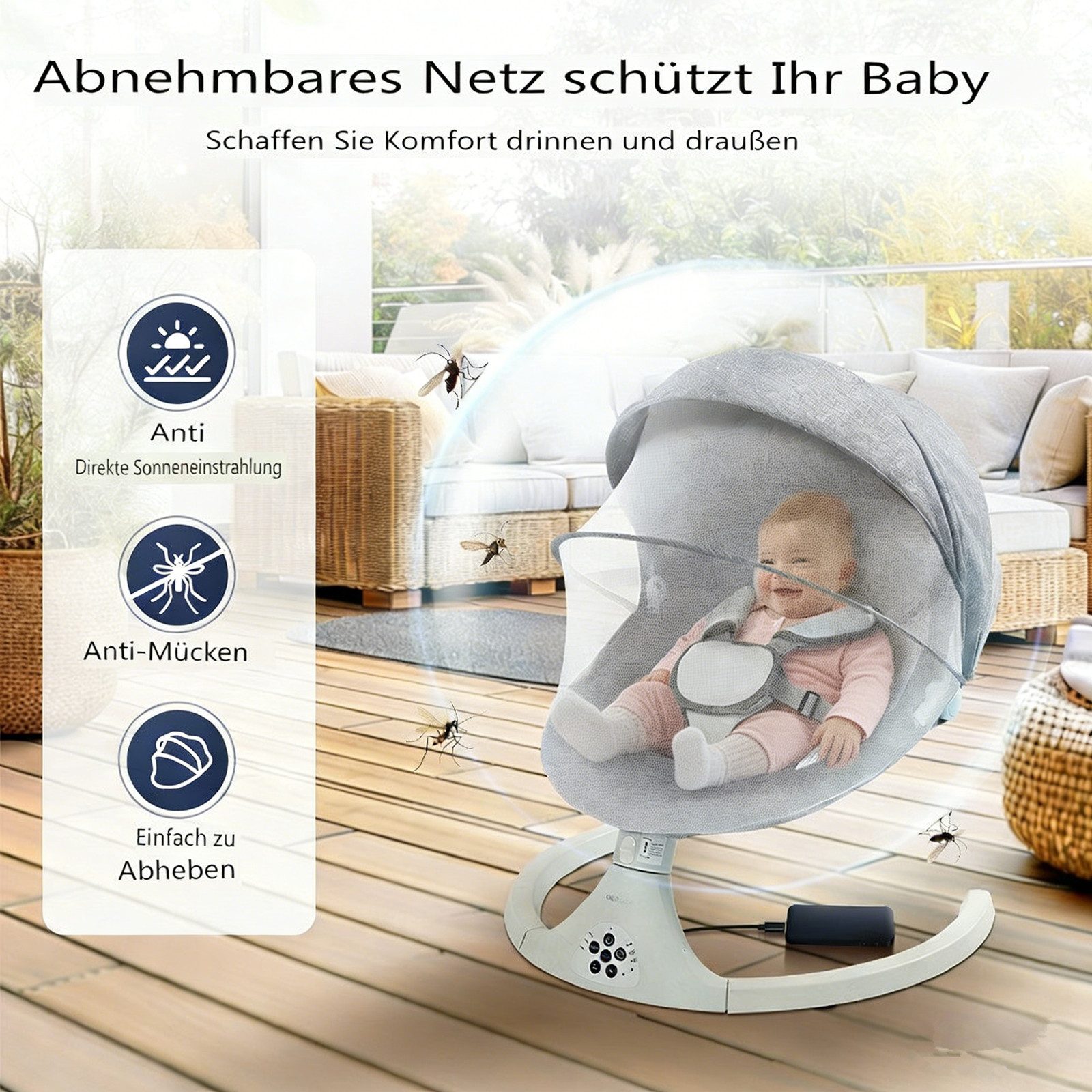 Insma Babyschaukel 5 Gang Elektrische bluetooth-Babywippe, mit 10 Liedern und Fernbedienung, Batteriekompatibel