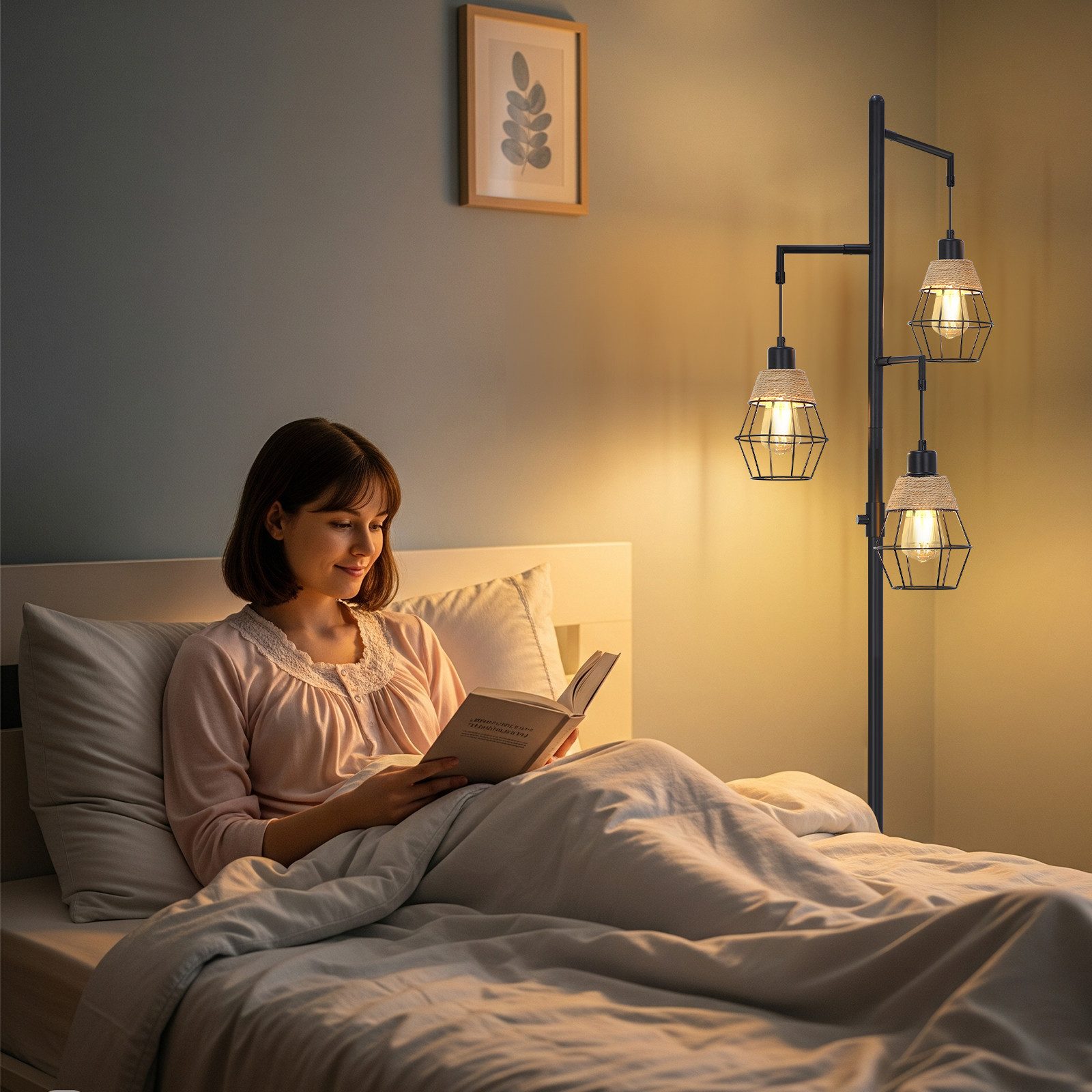 MUPOO Stehlampe Boho-Stehlampe mit 3 Glühbirnen,Industrielle Stehleuchte Wohnzimmer, LED wechselbar, Stufenlos Dimmbare,Industrial Design,für Schlafzimmer Büro Sofa Hotel