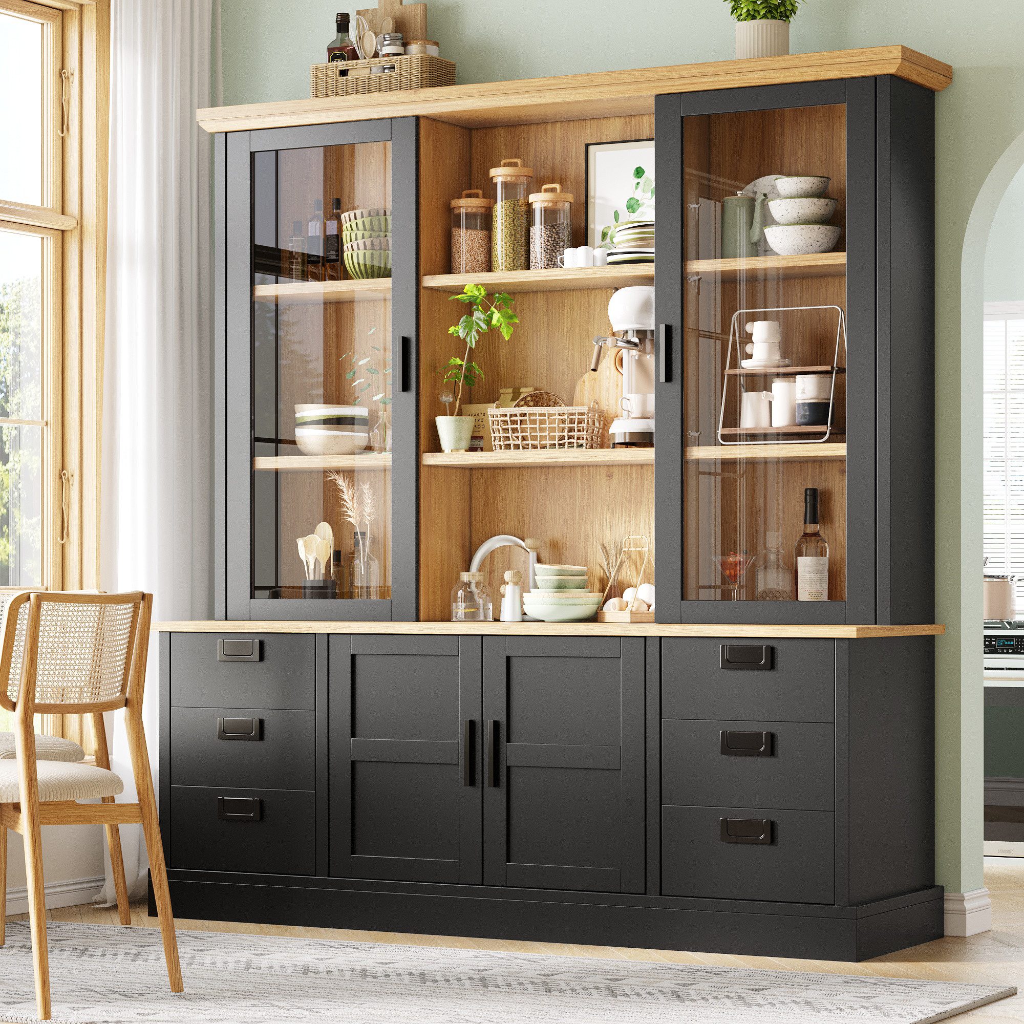 Flieks Küchenbuffet Glasvitrine Hochschrank mit 2 Glastüren und 6 Schubladen (1-St., B140/T40/H185 cm) Mehrzweckschrank Multifunktionsschrank Bücherregal Schwarz & Natur
