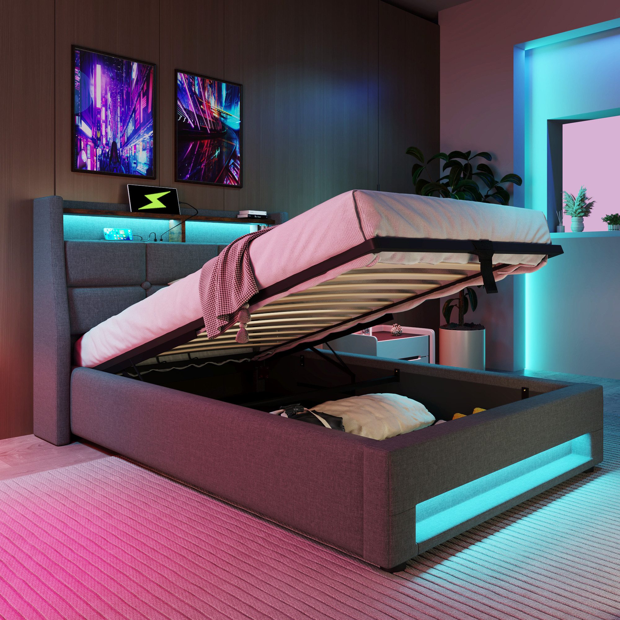 Flieks Polsterbett, Baumwolle-Leinen Bezug Stauraumbett mit USB-Anschluss und LED 90x200cm