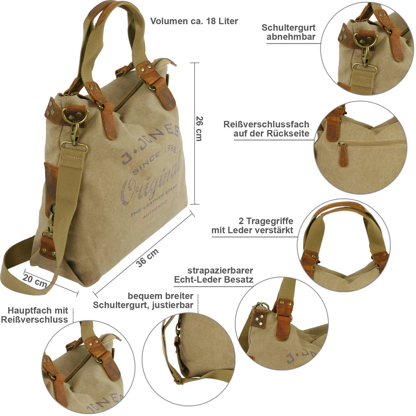 J JONES JENNIFER JONES Hobo Damen Umhängetasch aus Canvas, Große Vintage Schultertasche