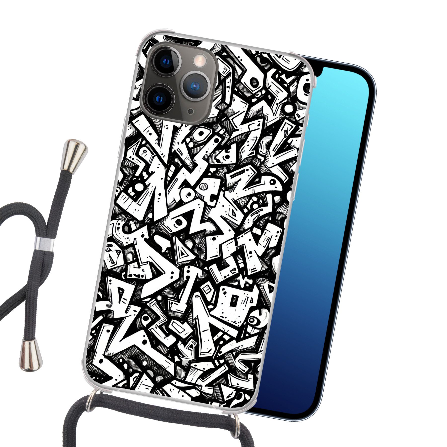MuchoWow Handyhülle für Apple iPhone 13 Pro Max Formen - Buchstaben - Graffiti - Schwarz, Tragbare Handyhüllen mit Kette zum umhängen, Handykette Handyband