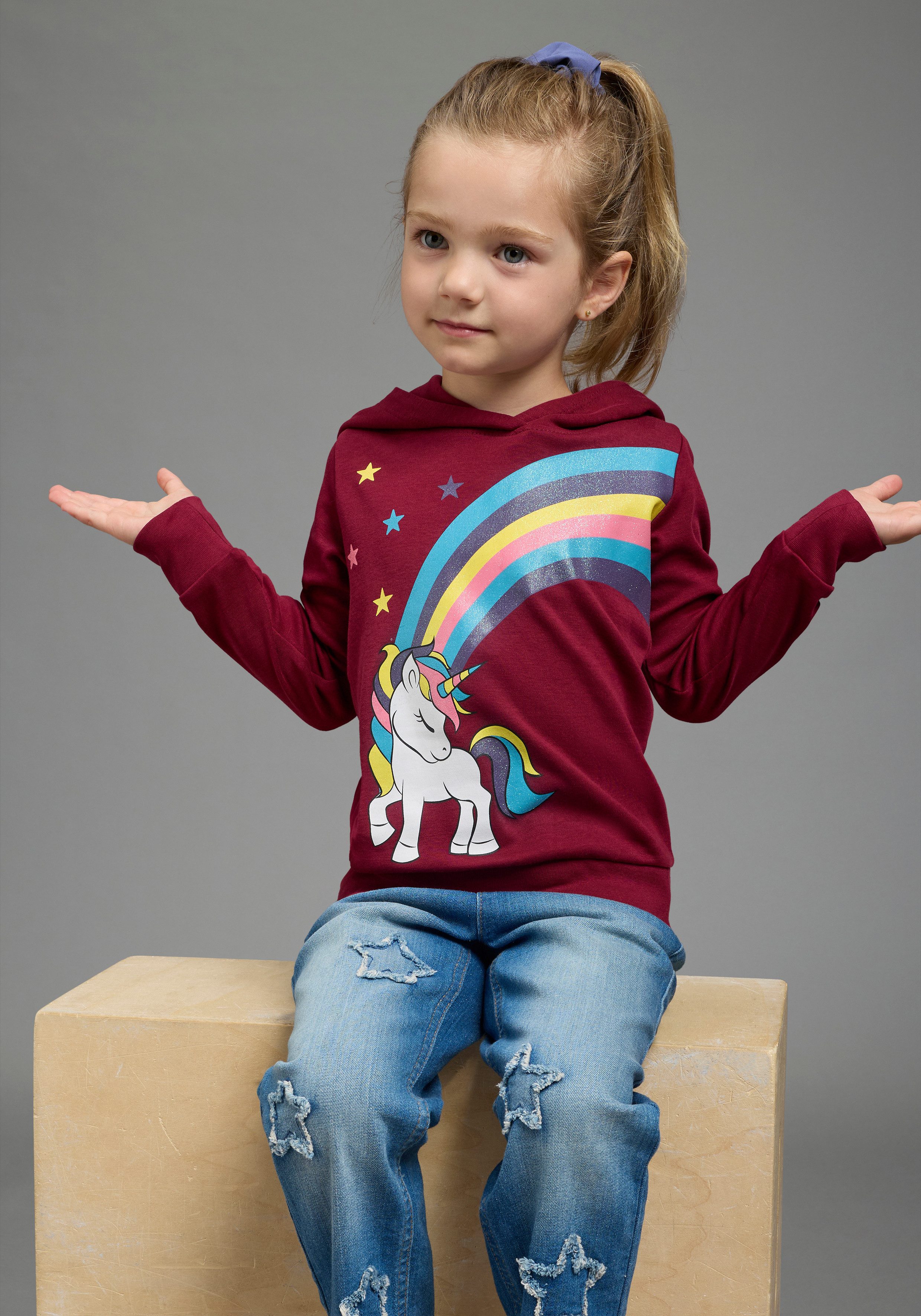 KIDSWORLD Langarmshirt EINHORN Regenbogen Langarm, Basic-Passform, bedruckt, aus Baumwolle
