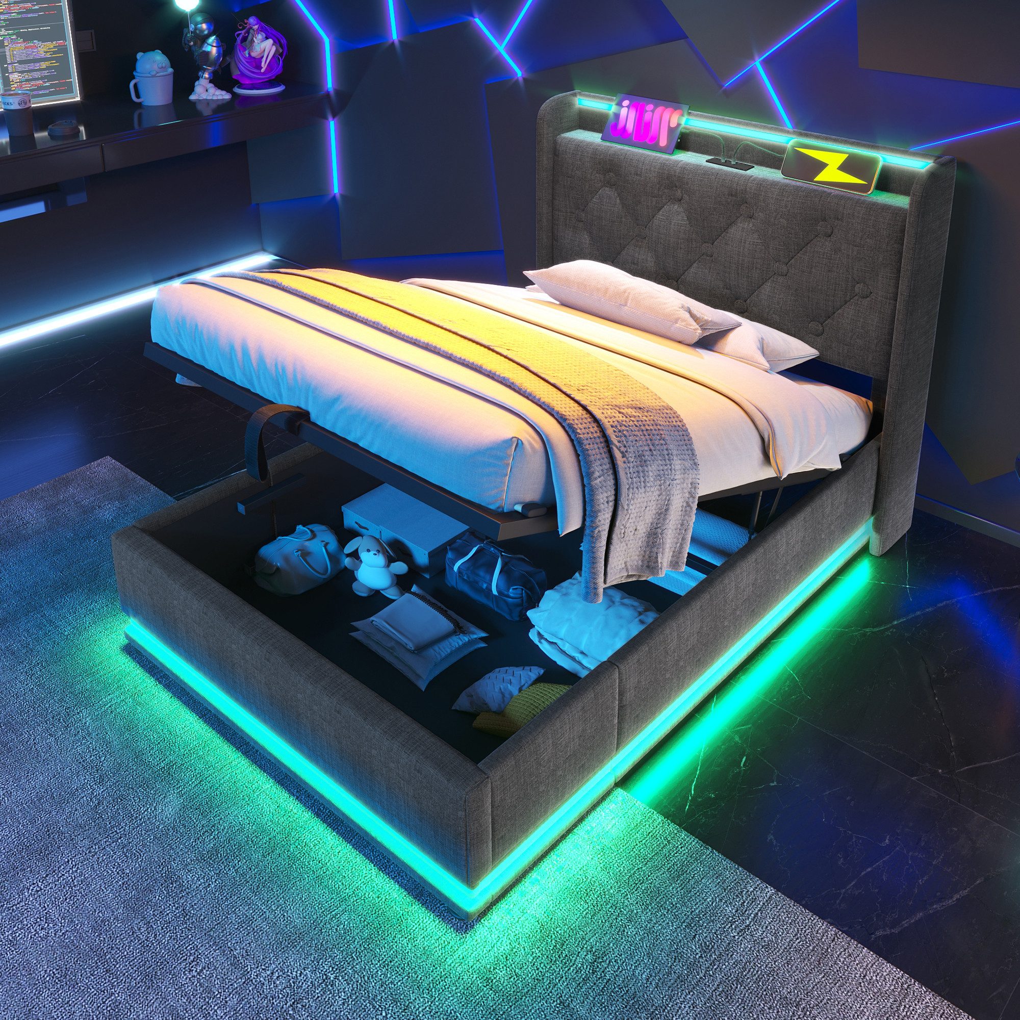 MODFU Polsterbett LED Schlafzimmerbett mit Stauraum günstig online kaufen
