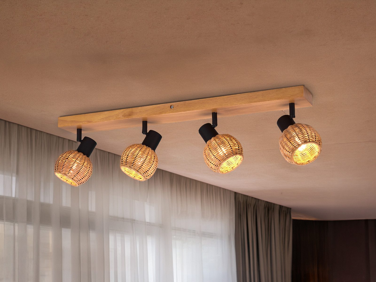 meineWunschleuchte Deckenstrahler Rattan-Lampe mit Holz, Breite 70cm, ohne Leuchtmittel, Innen Deckenleuchte, Korblampe skandinavisch mit 4 Strahler, Holzlampe