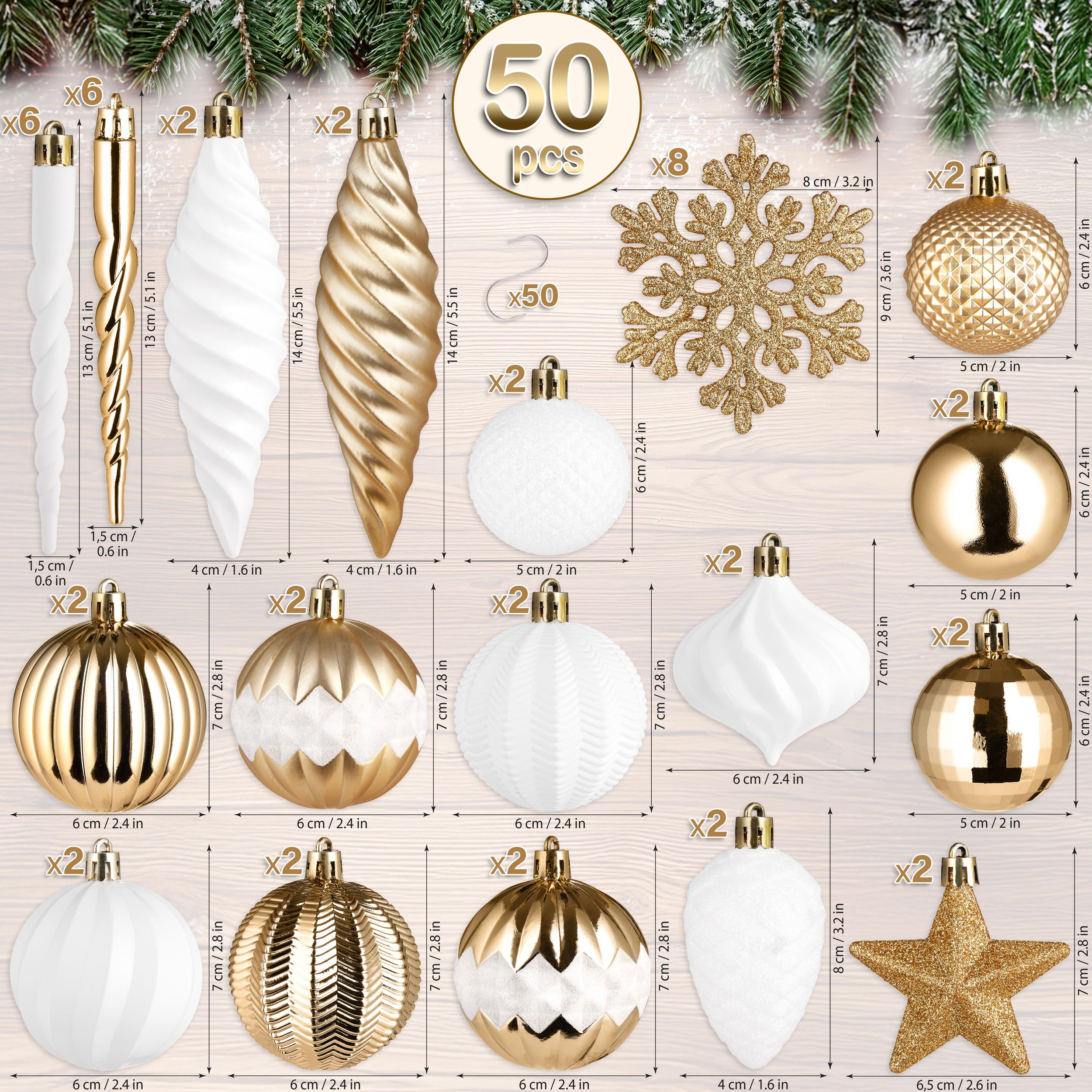 BRUBAKER Weihnachtsbaumkugel 50 -tlg. Premium Christbaumschmuck - Weihnachtskugel Set (50 St), Glitzer Kugeln, Schneeflocken, Eiszapfen und Tannenzapfen Baumschmuck