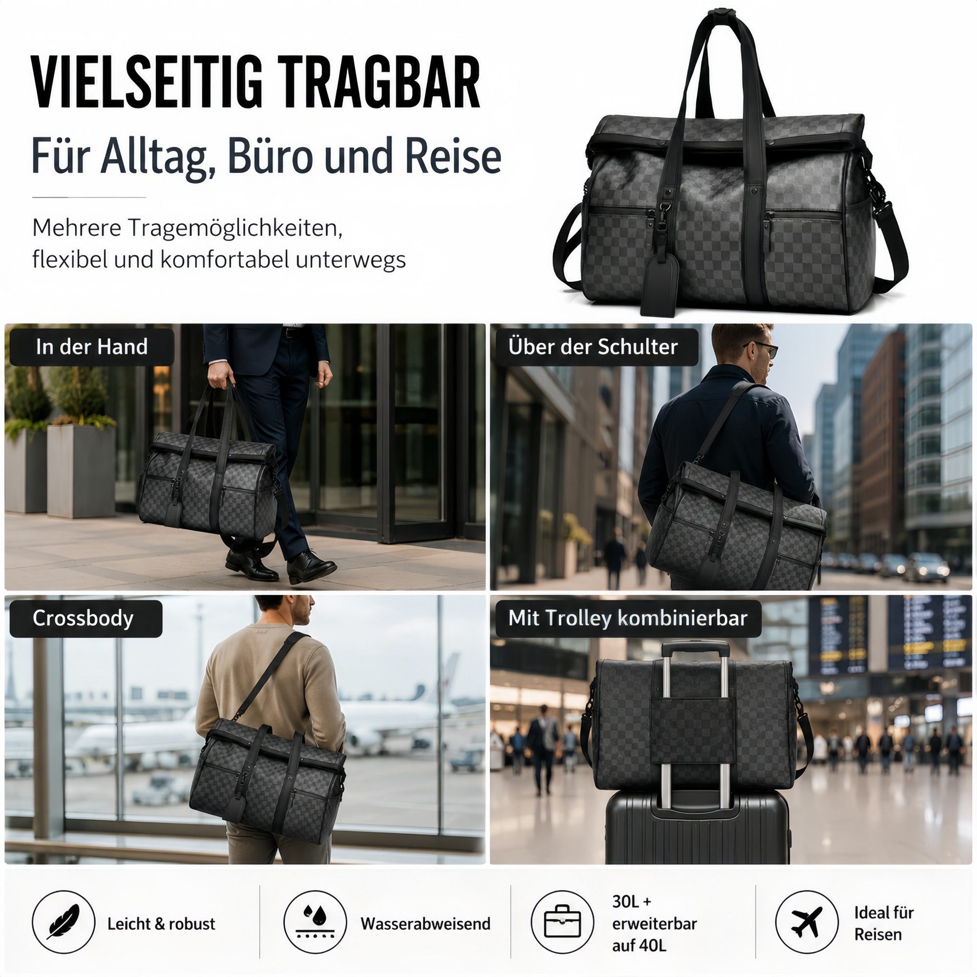 ibettertec Reisetasche Reisetasche Wasserdichter Reise-Seesack - Tragetasche, Sporttasche (Schultertasche (Erweiterbar mit Trolley-Ärmel und Nasstasche, Atmungs – Bild 5 von 5