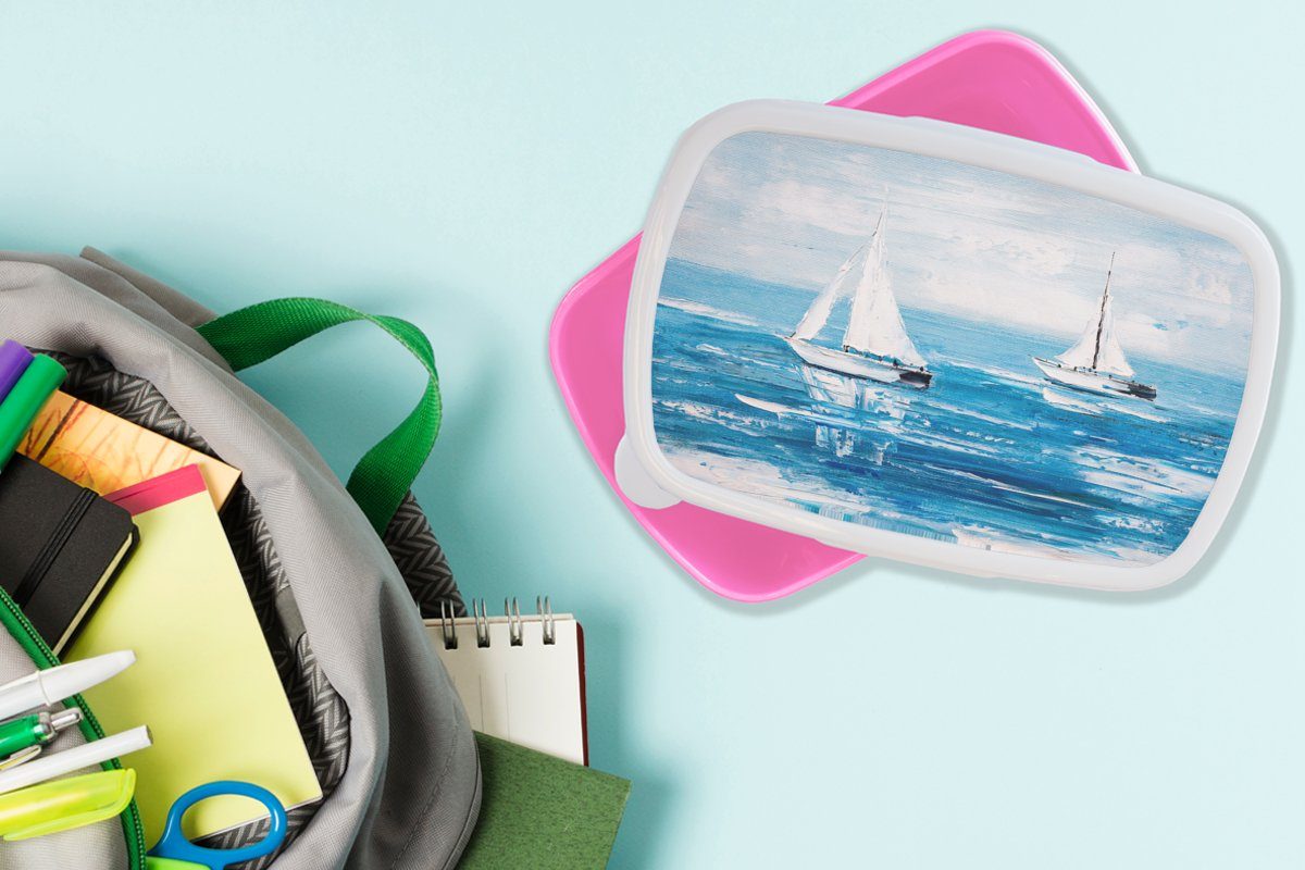 Kunststoff Brotbox Kinder, Brotdose Malerei Boot Snackbox, - Ölfarbe MuchoWow für rosa Wasser, Lunchbox Erwachsene, - - Mädchen, Kunststoff, (2-tlg),