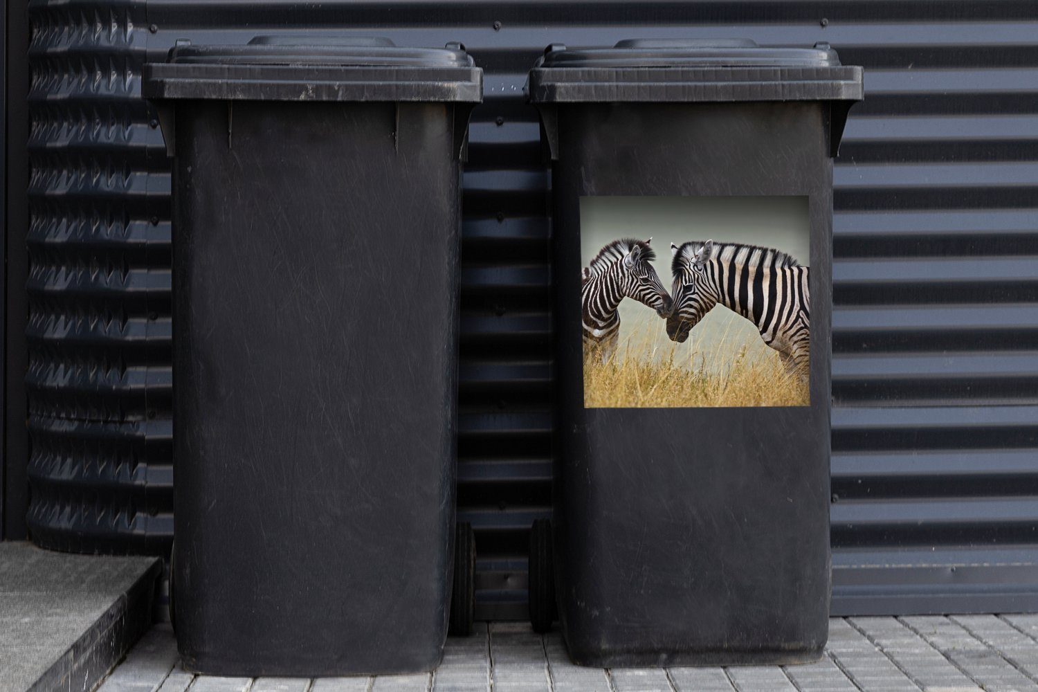 und Sticker, Mülltonne, ihr Container, MuchoWow St), Mülleimer-aufkleber, Wandsticker (1 Kalb Abfalbehälter Zebramutter