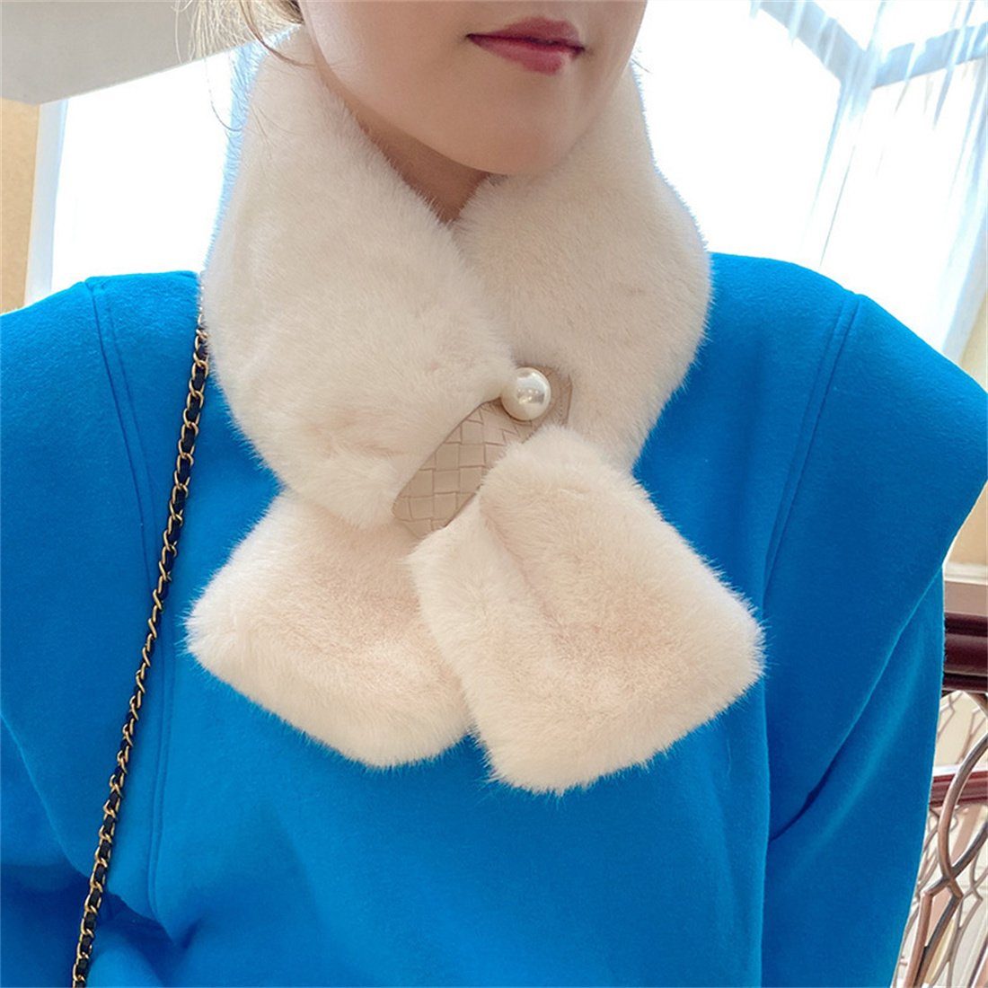 DÖRÖY Modeschal Women's Pearl Cross Plüsch Schal, Winter Thickened Warm Faux Fur Schal Weiß
