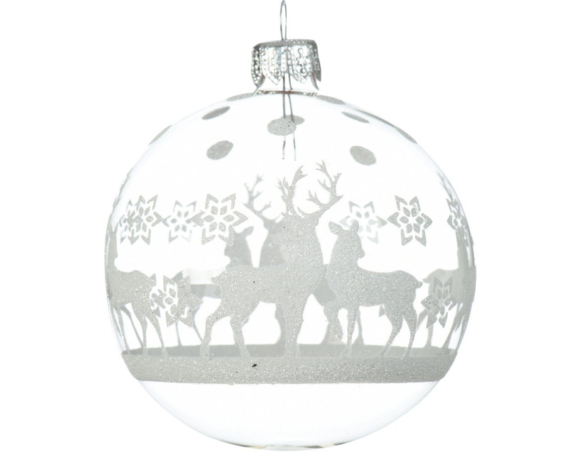 Set 8cm Decoris Weihnachtsbaumkugel, Motiv 6er season Glas decorations Rentier Weihnachtskugeln Weiß mit Klar /