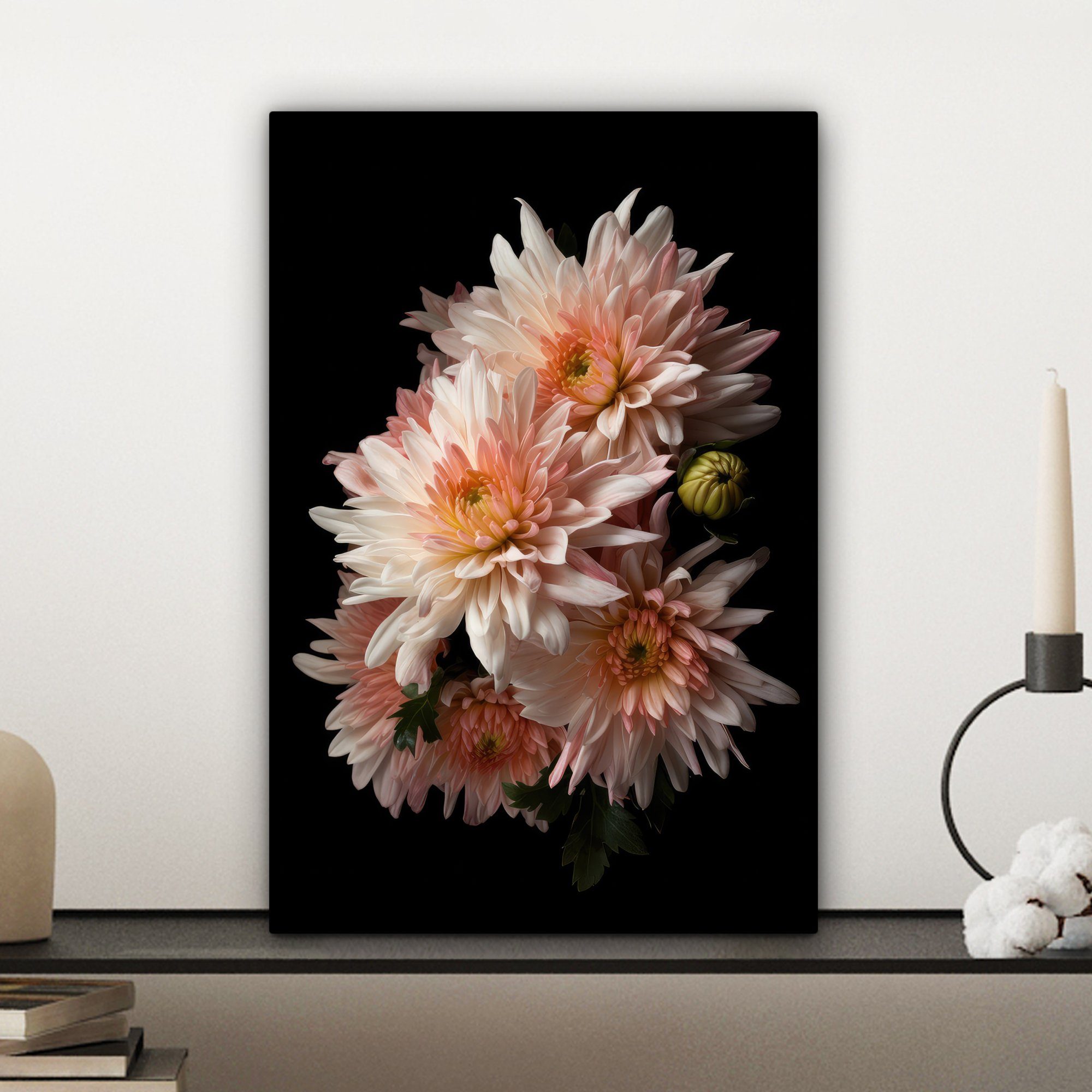 bespannt Chrysantheme Blumen (1 inkl. St), - - cm Schwarz, Leinwandbild fertig - Weiß Zackenaufhänger, 20x30 OneMillionCanvasses® Gemälde, - Natur Leinwandbild
