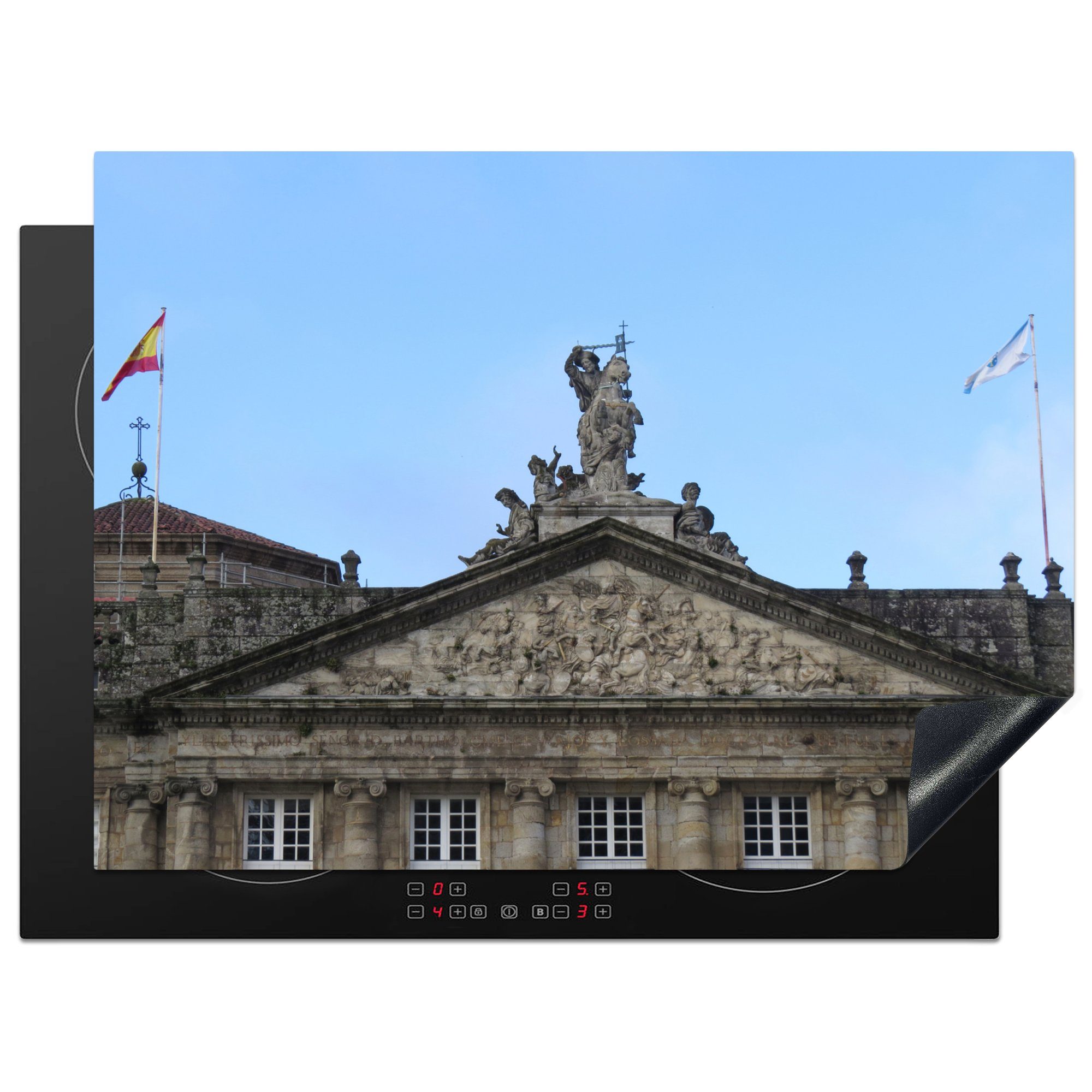 MuchoWow Herdblende-/Abdeckplatte Statue auf dem Steindach von Santiago de Compostela, Vinyl, (1 tlg), 70x52 cm, Mobile Arbeitsfläche nutzbar, Ceranfeldabdeckung
