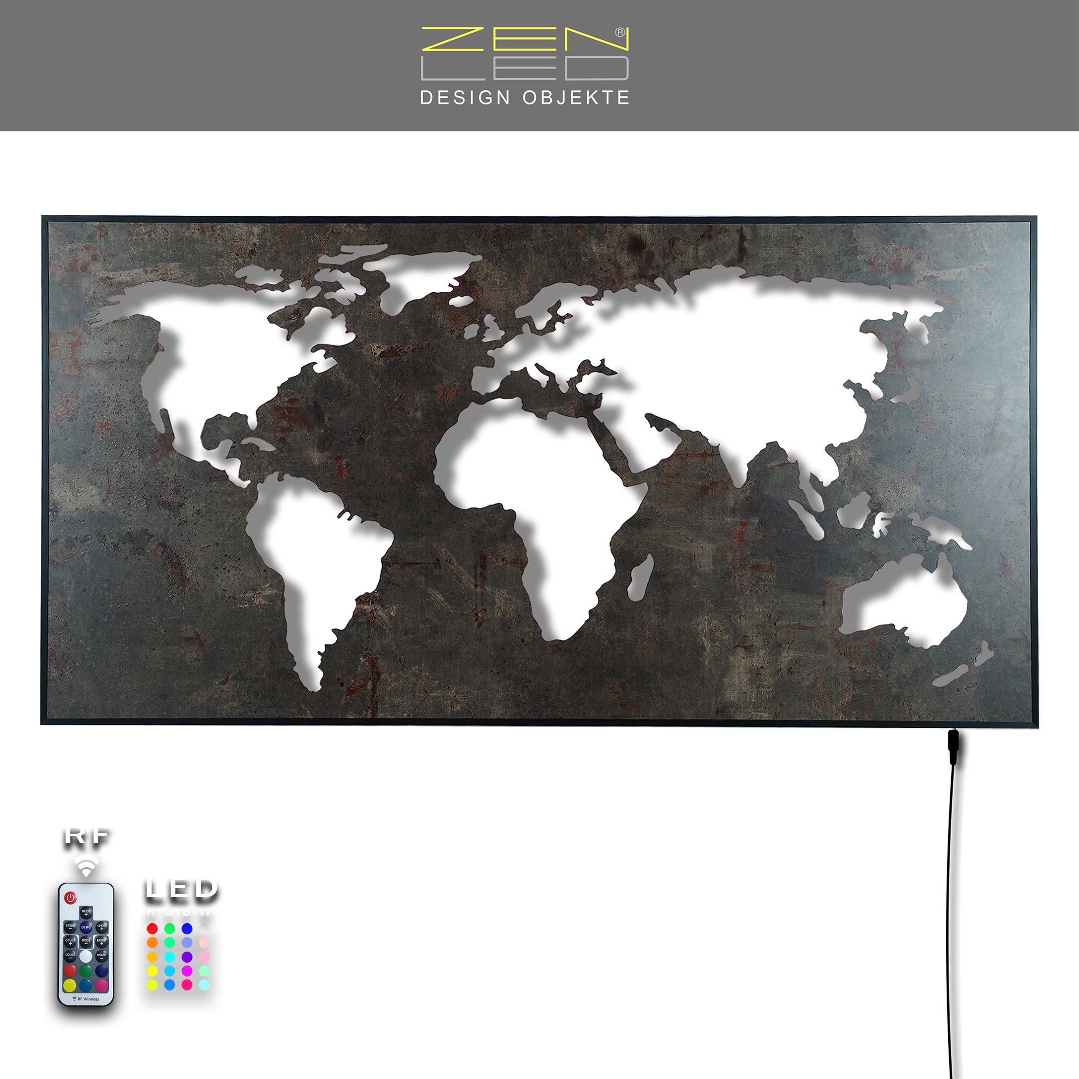 MASCHERA LEDs Weltkarte Holzplatte hinterleuchtet 110x57cm Industrielle Edelrost ALU-Rahmen Maske über ZENLED steuerbaren STEIN-Optik - in Deko, mit Wanddekoobjekt Optik Stein bunt Fernbedienung RGB