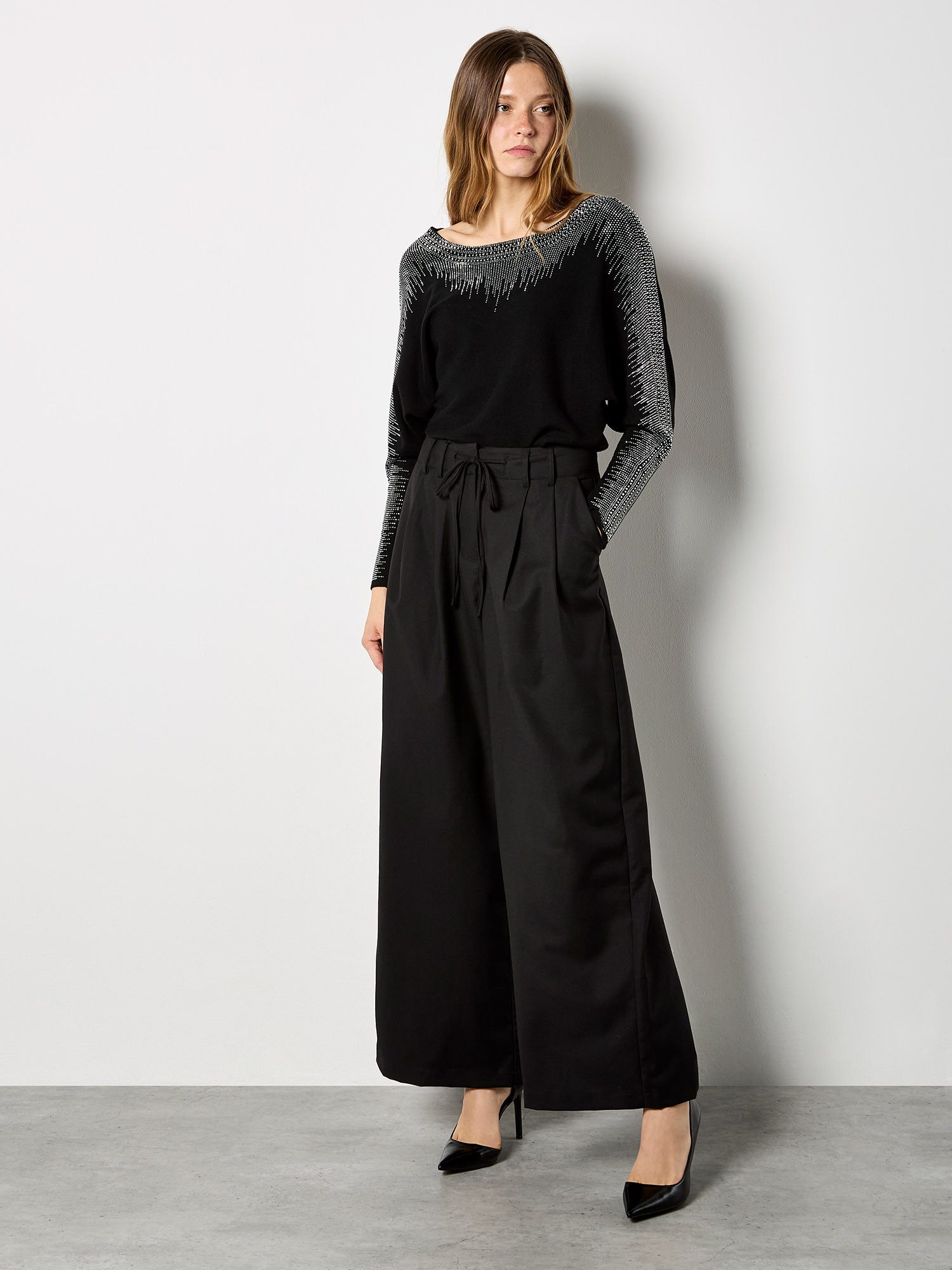 Apricot Paillettenshirt Fledermauspullover mit Strasssteinen