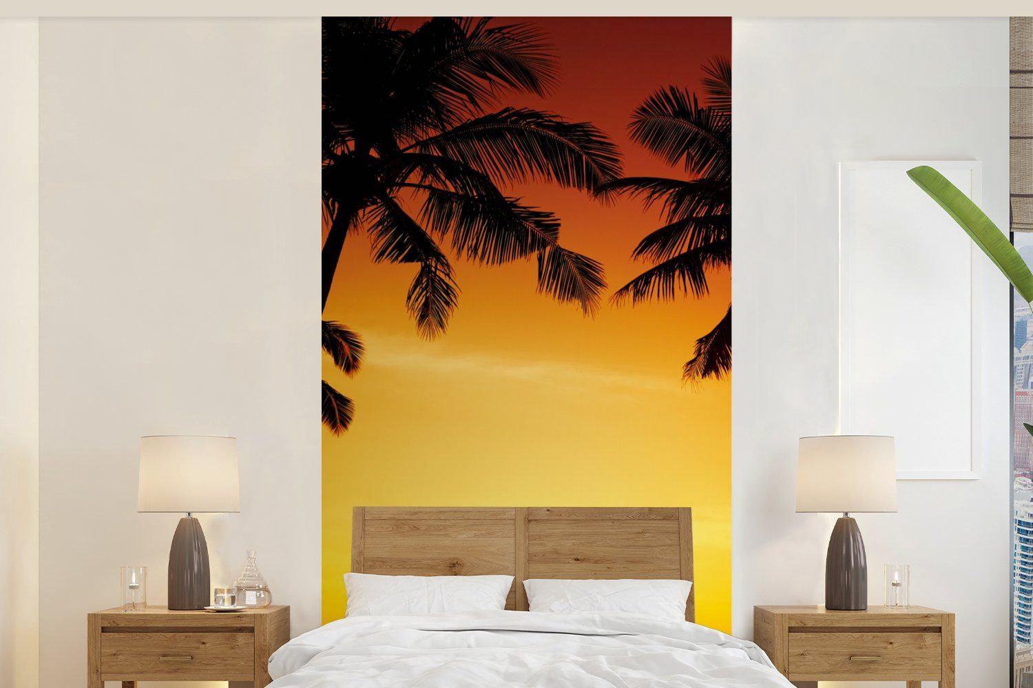 MuchoWow Fototapete Palme - Sonnenuntergang - Strand - Orange - Tropisch, Matt, bedruckt, (2 St), Vliestapete für Wohnzimmer Schlafzimmer Küche, Fototapete
