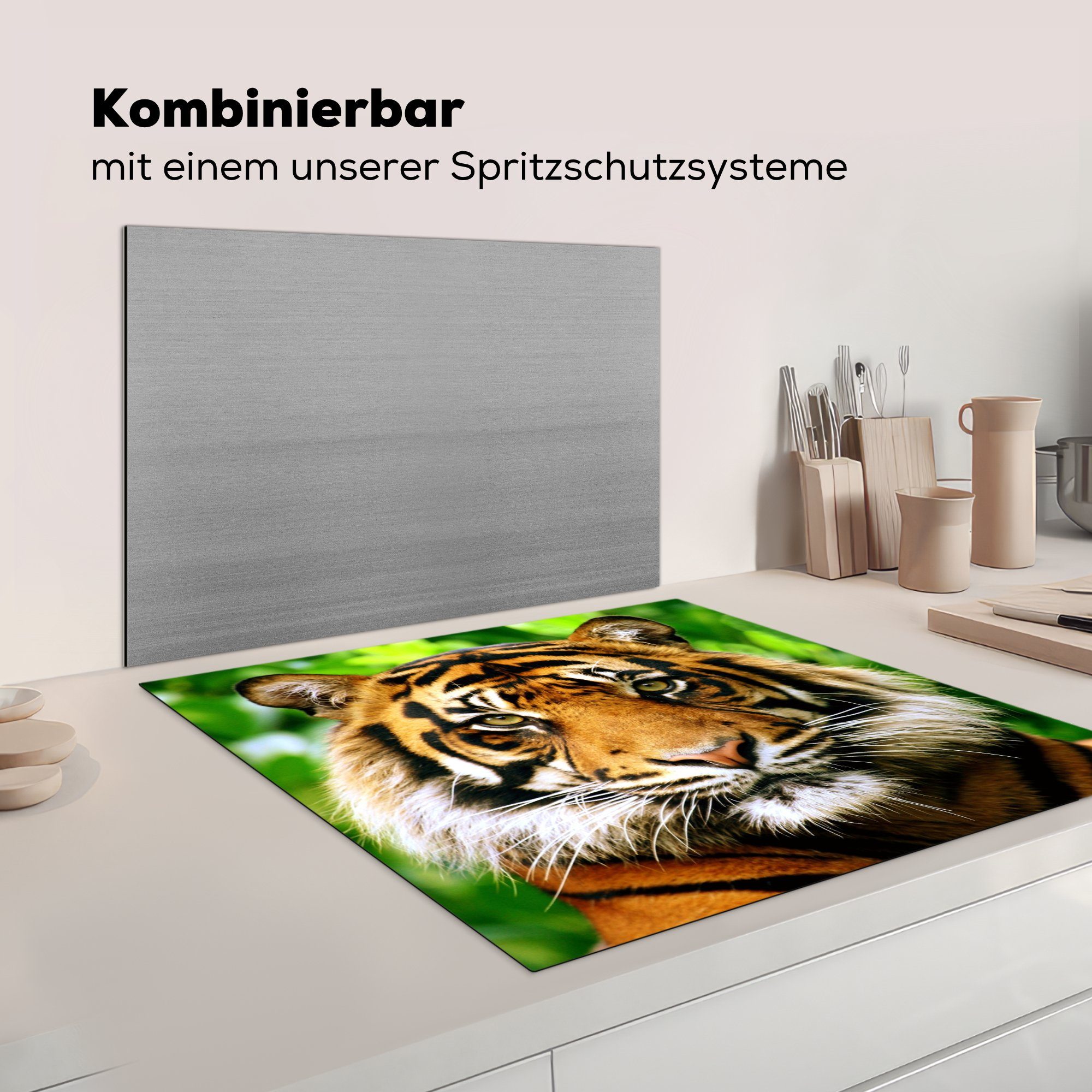 für küche Dschungel, im tlg), Herdblende-/Abdeckplatte Arbeitsplatte Ceranfeldabdeckung, Vinyl, cm, (1 eines MuchoWow Porträt Sumatra-Tigers 78x78