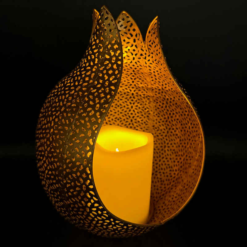 Online-Fuchs Windlicht aus Metall im orientalischen Blumenknospen-Design - Kerzenhalter (Silber oder Gold wählbar), inkl. LED-Kerze mit Timerfunktion