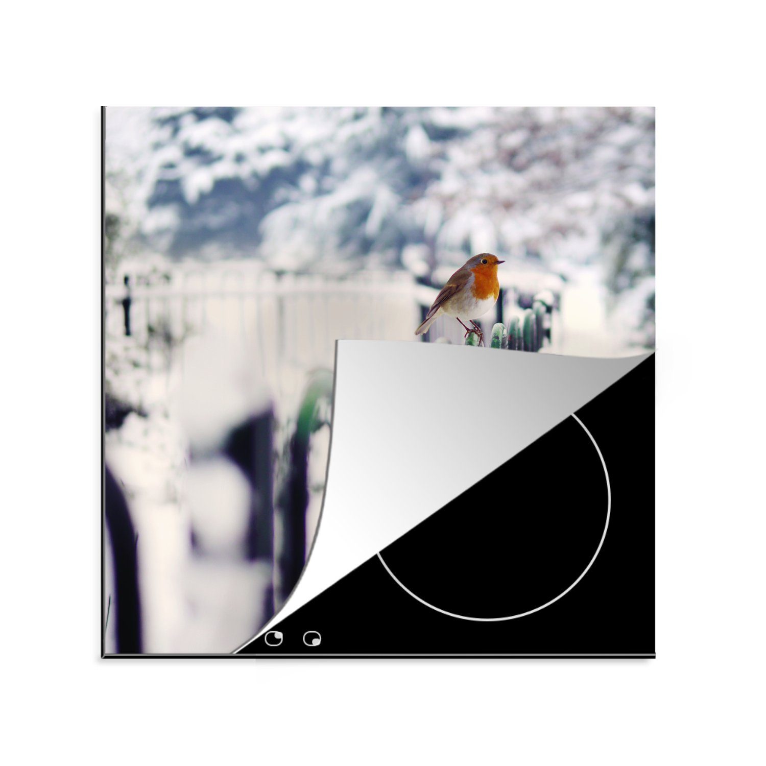 Arbeitsplatte Vinyl, küche 78x78 MuchoWow Herdblende-/Abdeckplatte Rotkehlchen - Ceranfeldabdeckung, Winter cm, - (1 für Schnee, tlg),