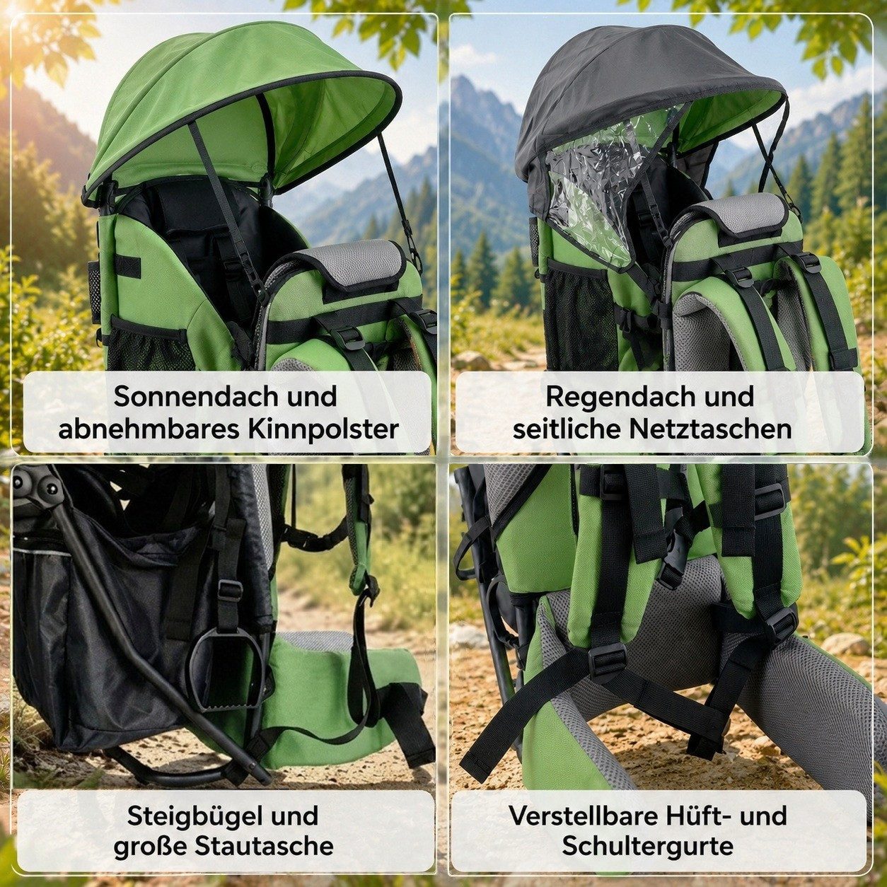 FASports Rückentrage Lil' Boss Kinderkraxe, Kindertrage (grün-grau, 1-tlg), Babytrage, 5-Punkt-Sicherungsgurt, Regen- und Sonnendach, Taschen