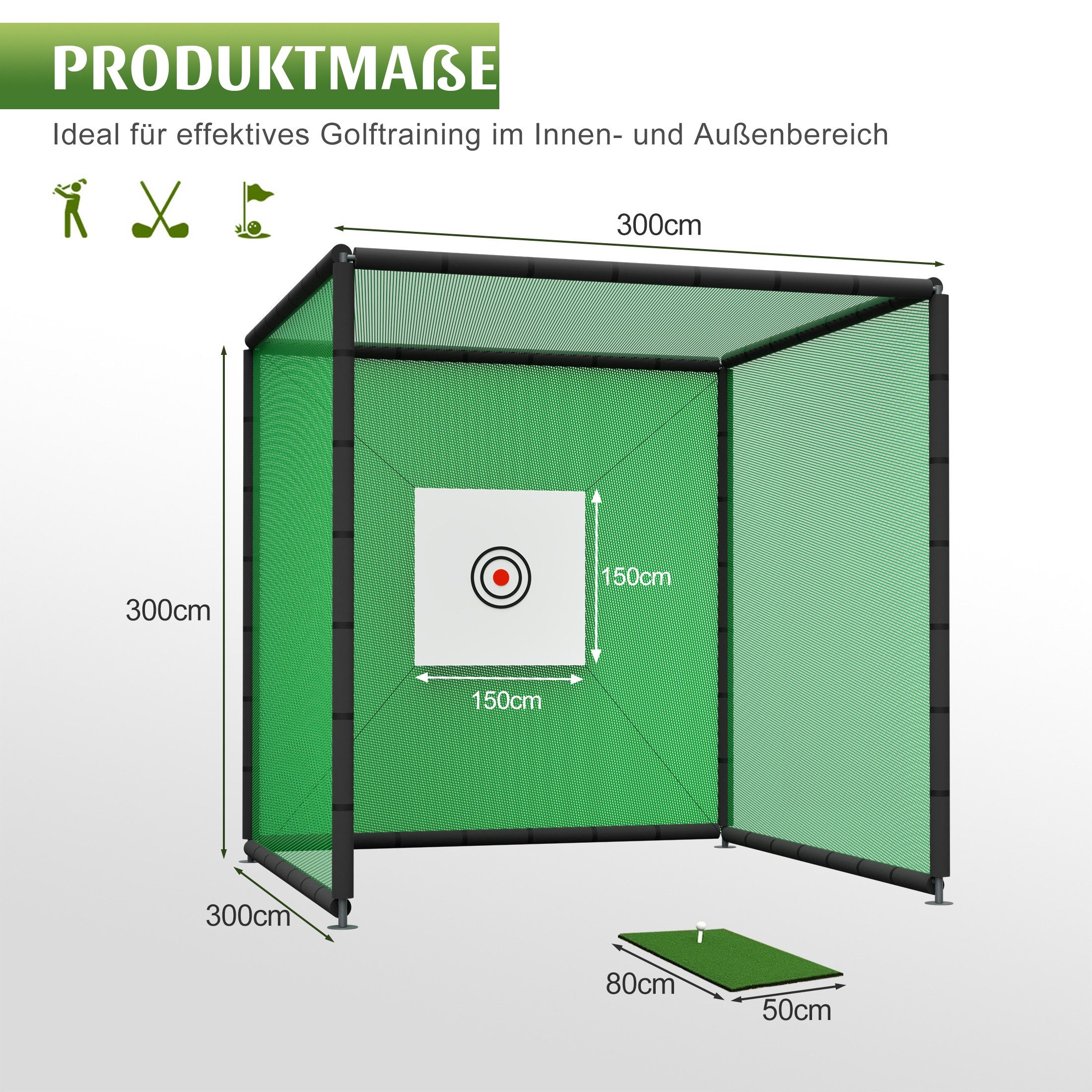 Blossom Golfnetz Golf-Abschlagmatte, Halter Golf Übungsnetz, Übungskäfig 300x300x300 cm (mit Zielscheibe, Trainingsmatte & Gummitee, stabiles Stahlgestell), Golf Übungsnetz Golf Schlagnetz für Garten, Garage und Indoor Training