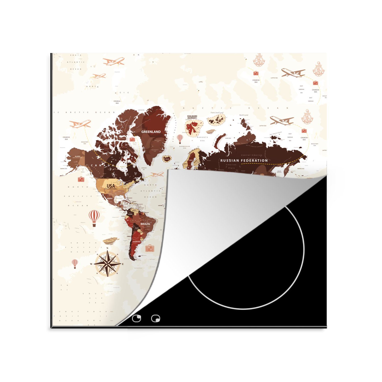 MuchoWow Herdblende-/Abdeckplatte Weltkarte - Braun - Flugzeug, Vinyl, (1 tlg), 78x78 cm, Ceranfeldabdeckung, Arbeitsplatte für küche